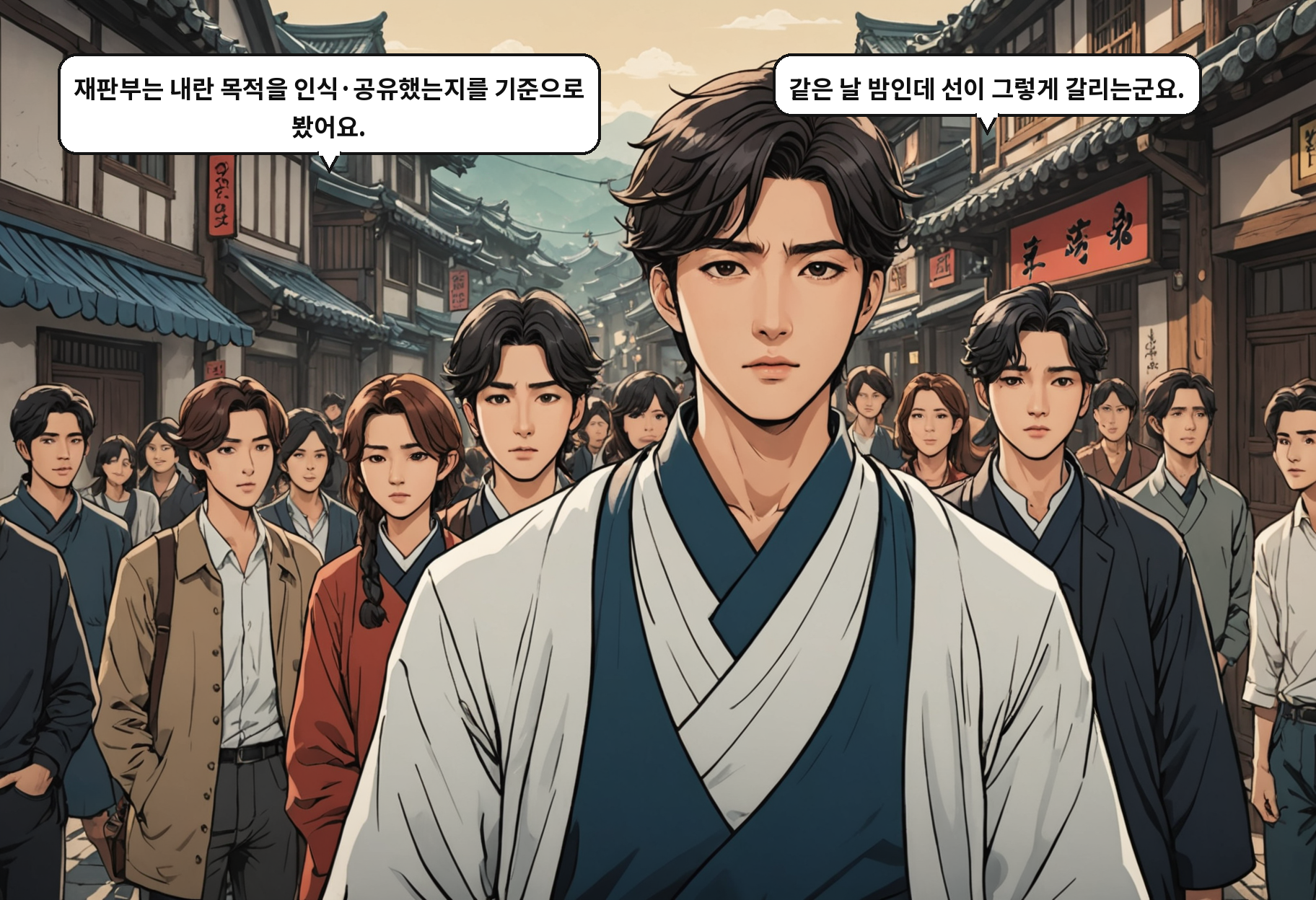 B: 재판부는 내란 목적을 인식·공유했는지를 기준으로 봤어요. A: 같은 날 밤인데 선이 그렇게 갈리는군요.