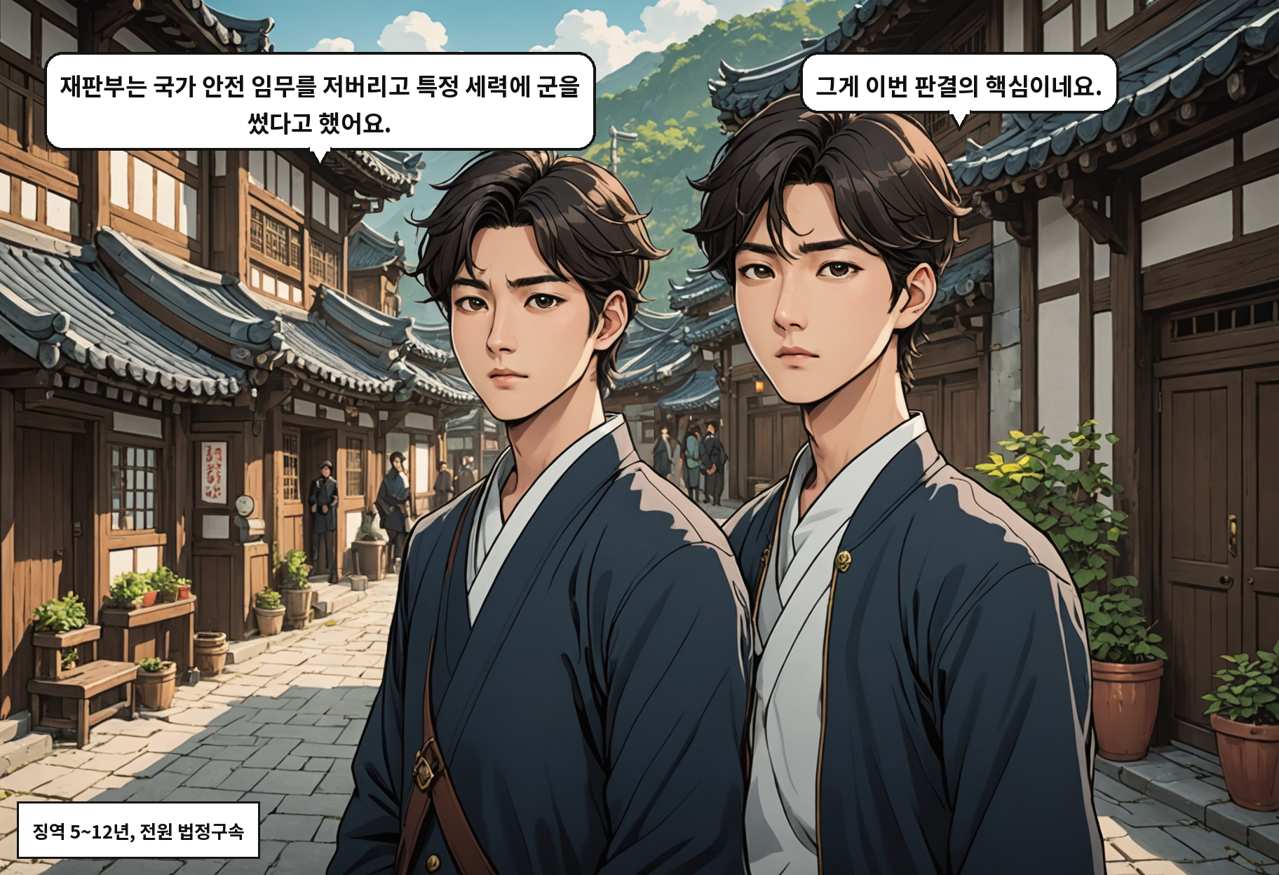 B: 재판부는 국가 안전 임무를 저버리고 특정 세력에 군을 썼다고 했어요. A: 그게 이번 판결의 핵심이네요.