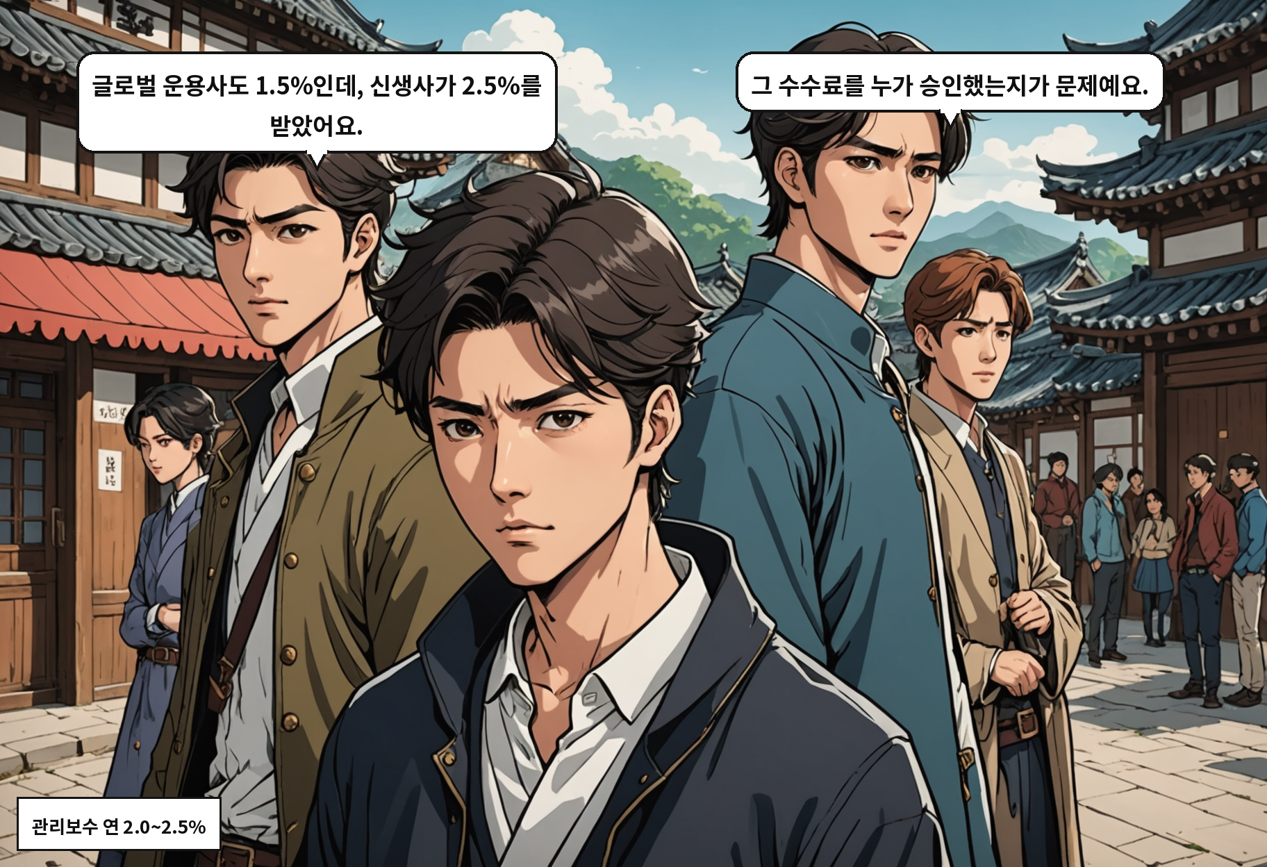 A: 글로벌 운용사도 1.5%인데, 신생사가 2.5%를 받았어요. B: 그 수수료를 누가 승인했는지가 문제예요.