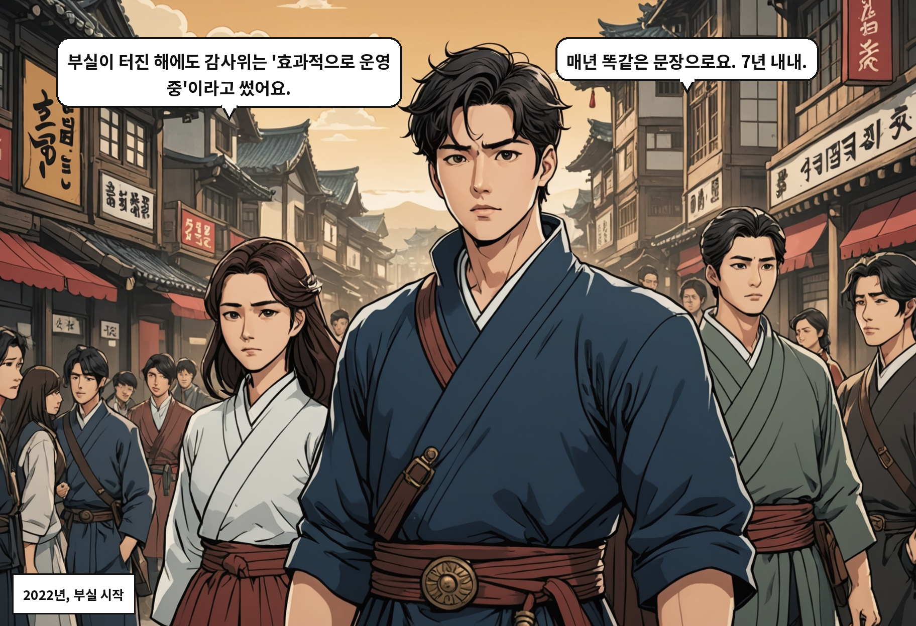 B: 부실이 터진 해에도 감사위는 '효과적으로 운영 중'이라고 썼어요. A: 매년 똑같은 문장으로요. 7년 내내.