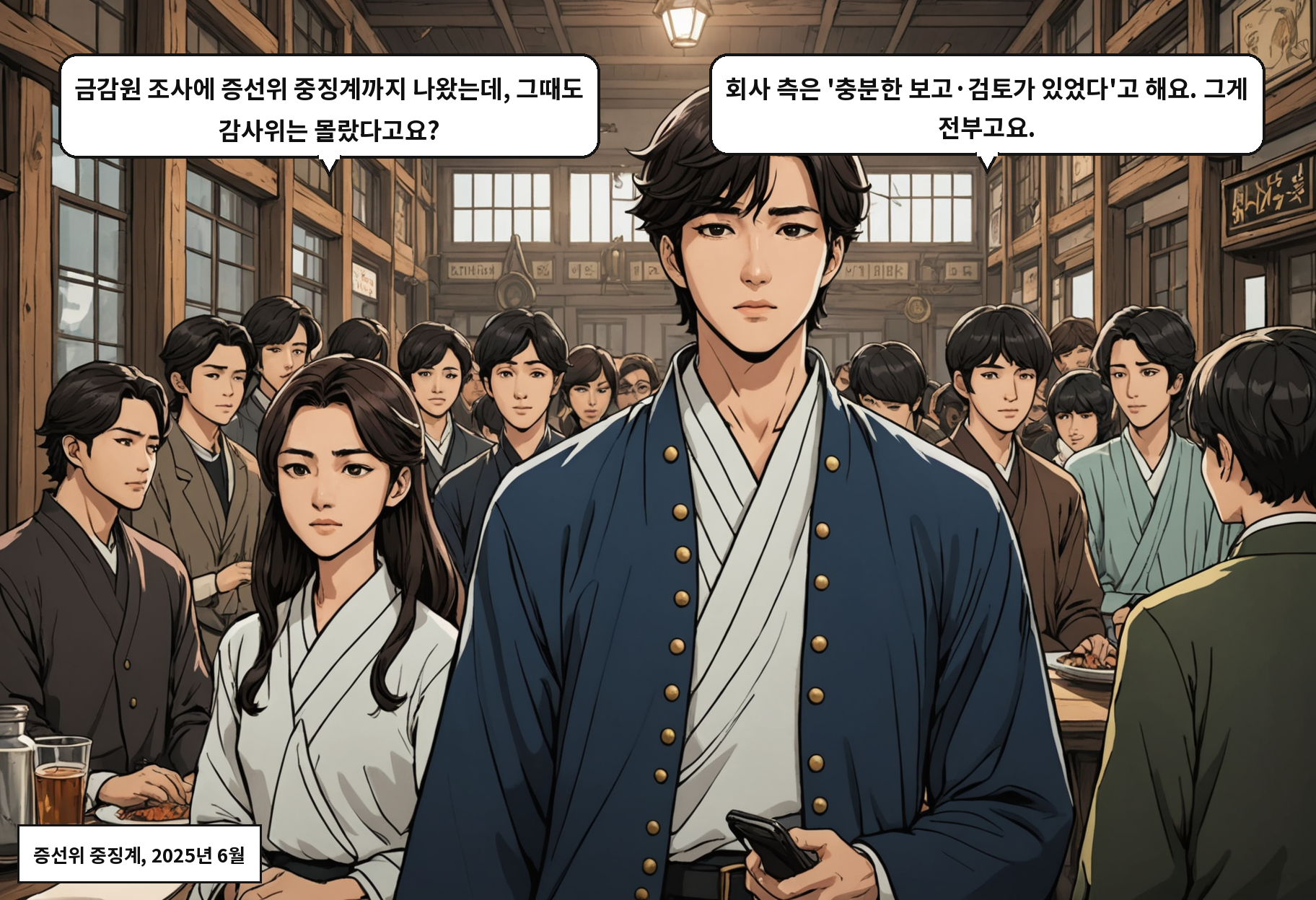 A: 금감원 조사에 증선위 중징계까지 나왔는데, 그때도 감사위는 몰랐다고요? B: 회사 측은 '충분한 보고·검토가 있었다'고 해요. 그게 전부고요.