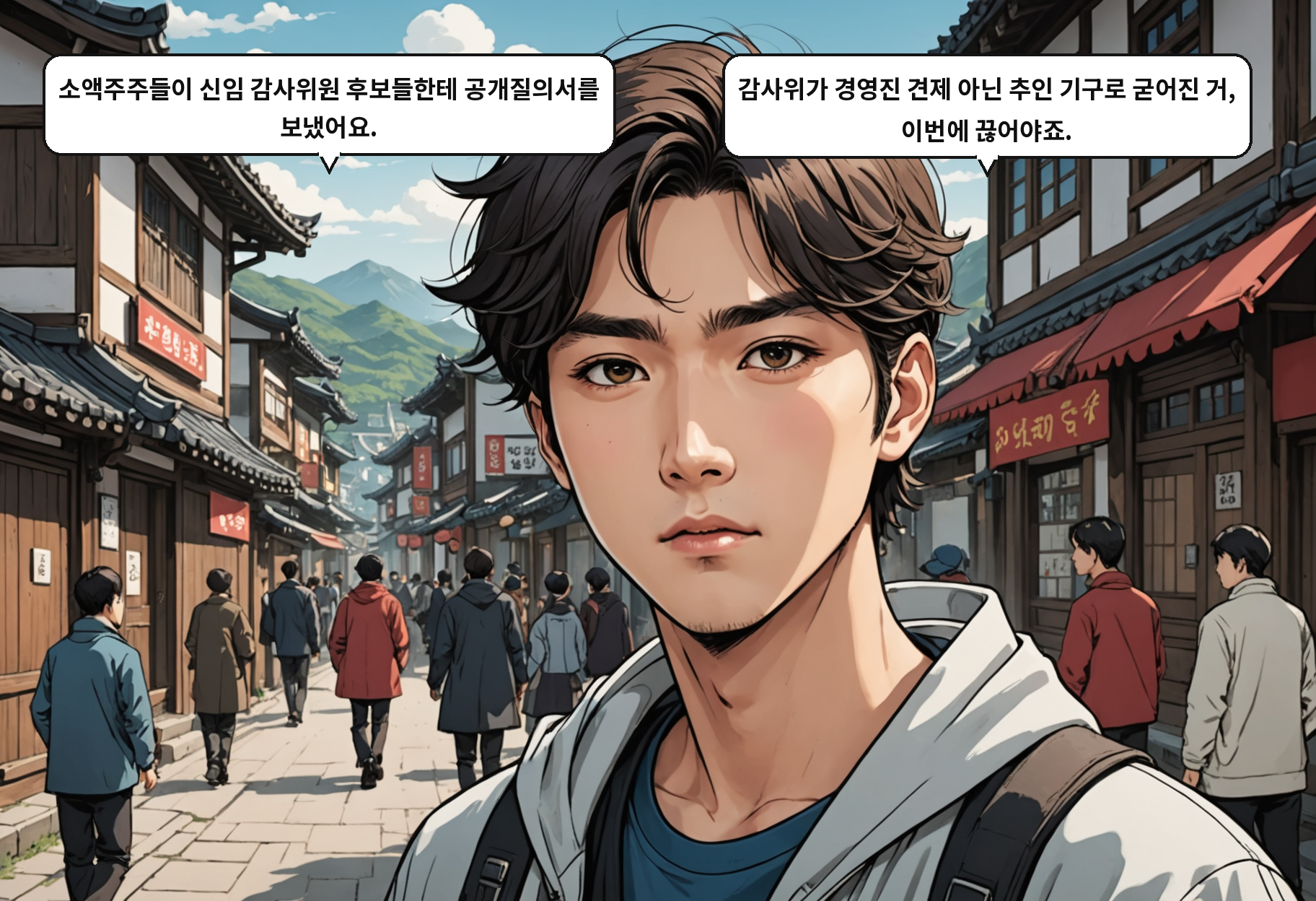 A: 소액주주들이 신임 감사위원 후보들한테 공개질의서를 보냈어요. B: 감사위가 경영진 견제 아닌 추인 기구로 굳어진 거, 이번에 끊어야죠.