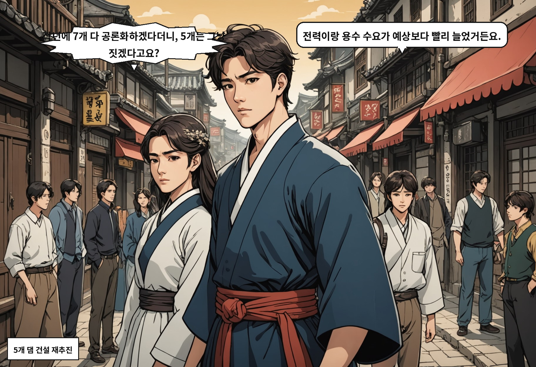 A: 작년에 7개 다 공론화하겠다더니, 5개는 그냥 짓겠다고요? B: 전력이랑 용수 수요가 예상보다 빨리 늘었거든요.