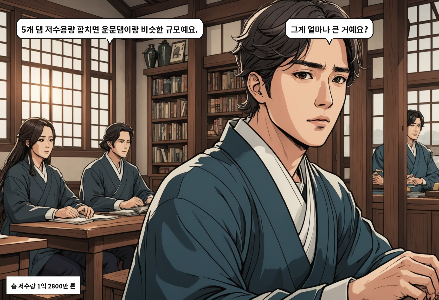 B: 5개 댐 저수용량 합치면 운문댐이랑 비슷한 규모예요. A: 그게 얼마나 큰 거예요?