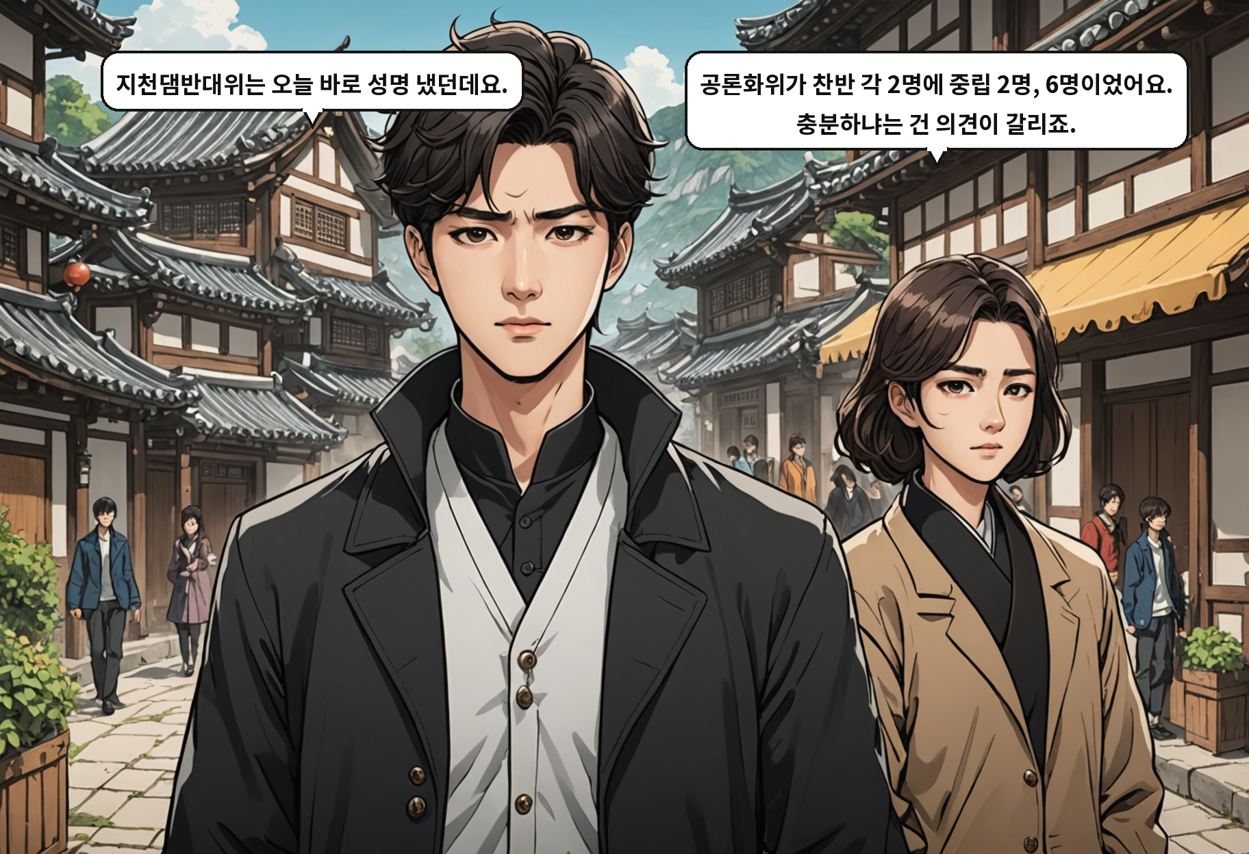 A: 지천댐반대위는 오늘 바로 성명 냈던데요. B: 공론화위가 찬반 각 2명에 중립 2명, 6명이었어요. 충분하냐는 건 의견이 갈리죠.