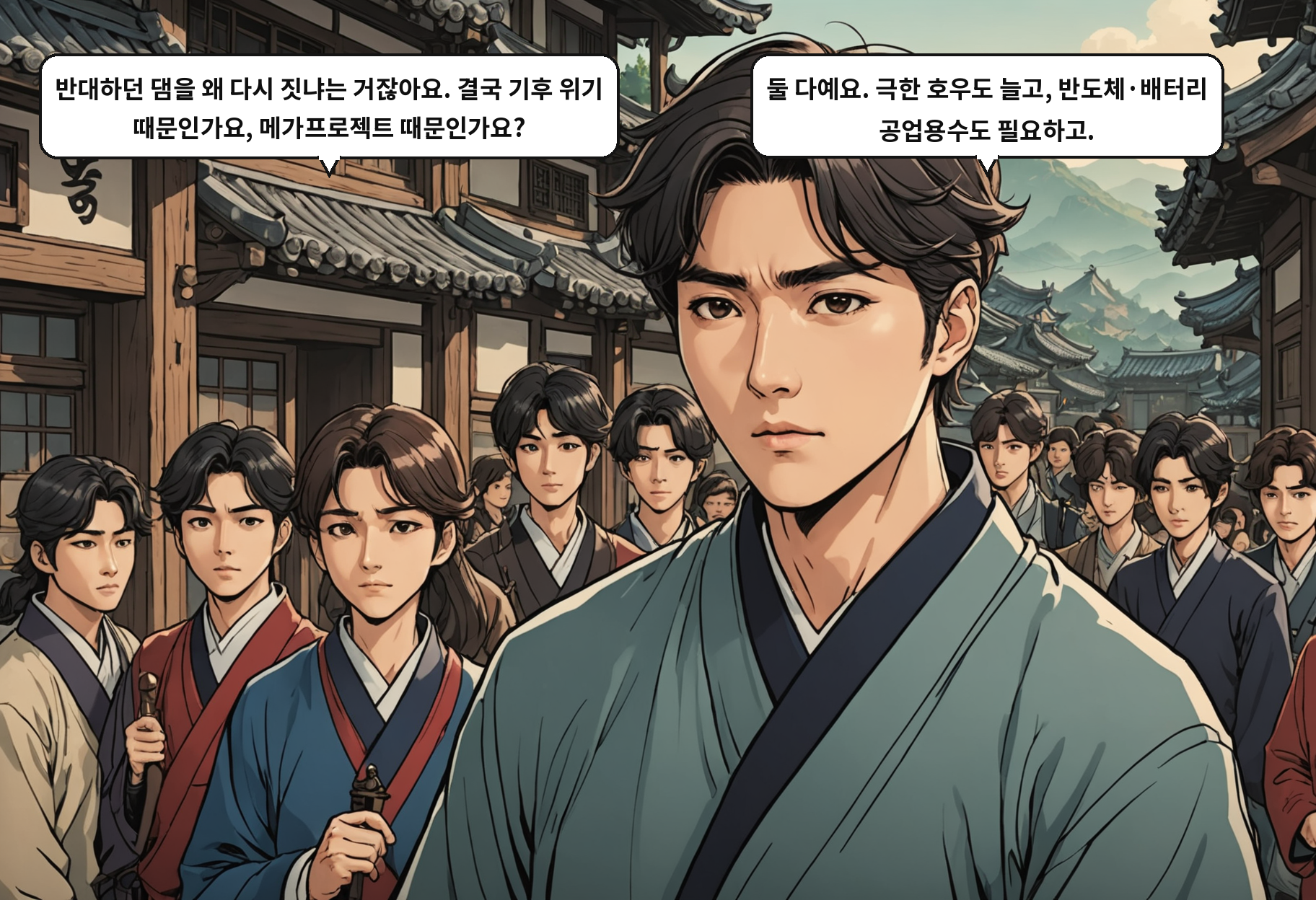 A: 반대하던 댐을 왜 다시 짓냐는 거잖아요. 결국 기후 위기 때문인가요, 메가프로젝트 때문인가요? B: 둘 다예요. 극한 호우도 늘고, 반도체·배터리 공업용수도 필요하고.