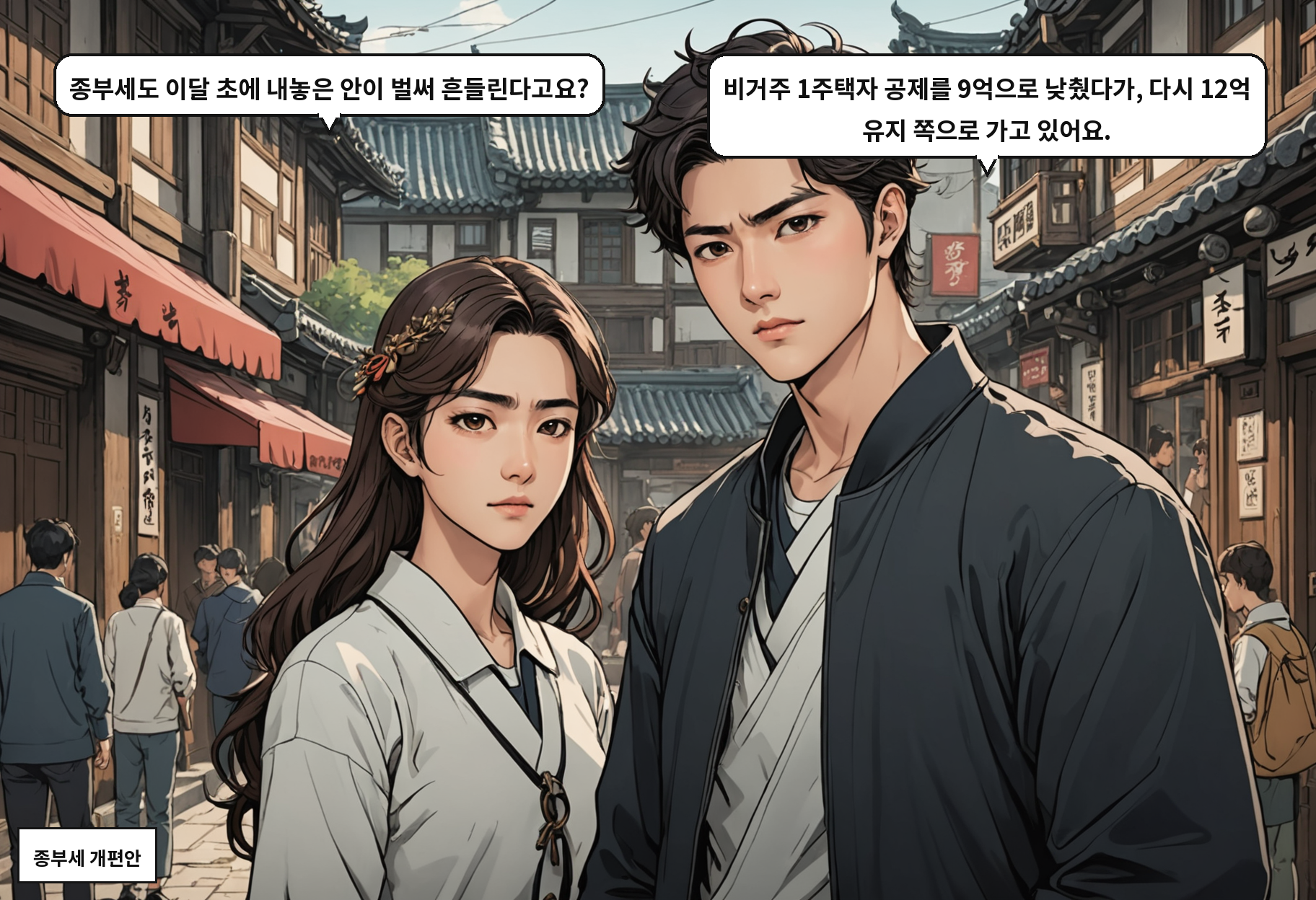 A: 종부세도 이달 초에 내놓은 안이 벌써 흔들린다고요? B: 비거주 1주택자 공제를 9억으로 낮췄다가, 다시 12억 유지 쪽으로 가고 있어요.