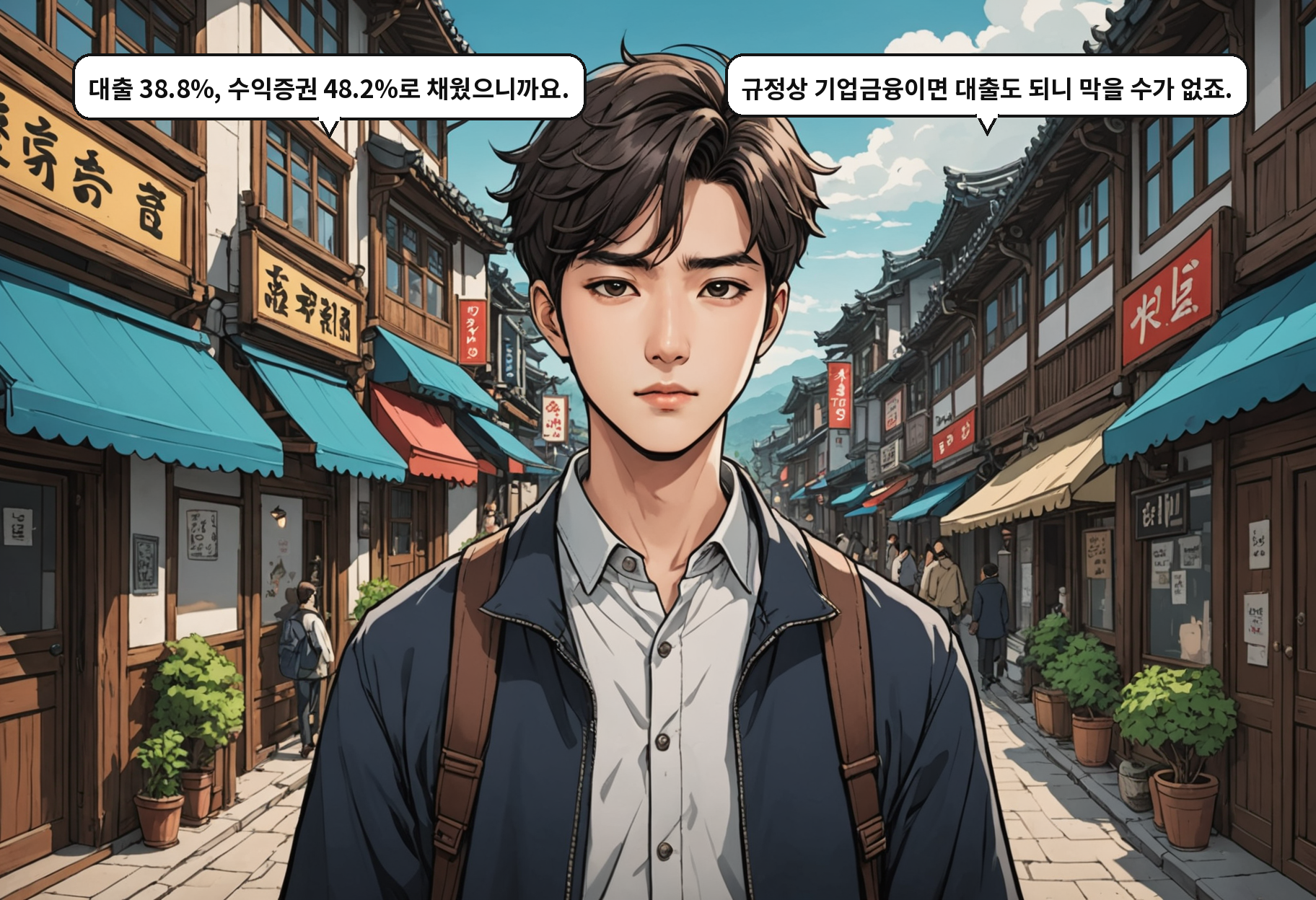 A: 대출 38.8%, 수익증권 48.2%로 채웠으니까요. B: 규정상 기업금융이면 대출도 되니 막을 수가 없죠.