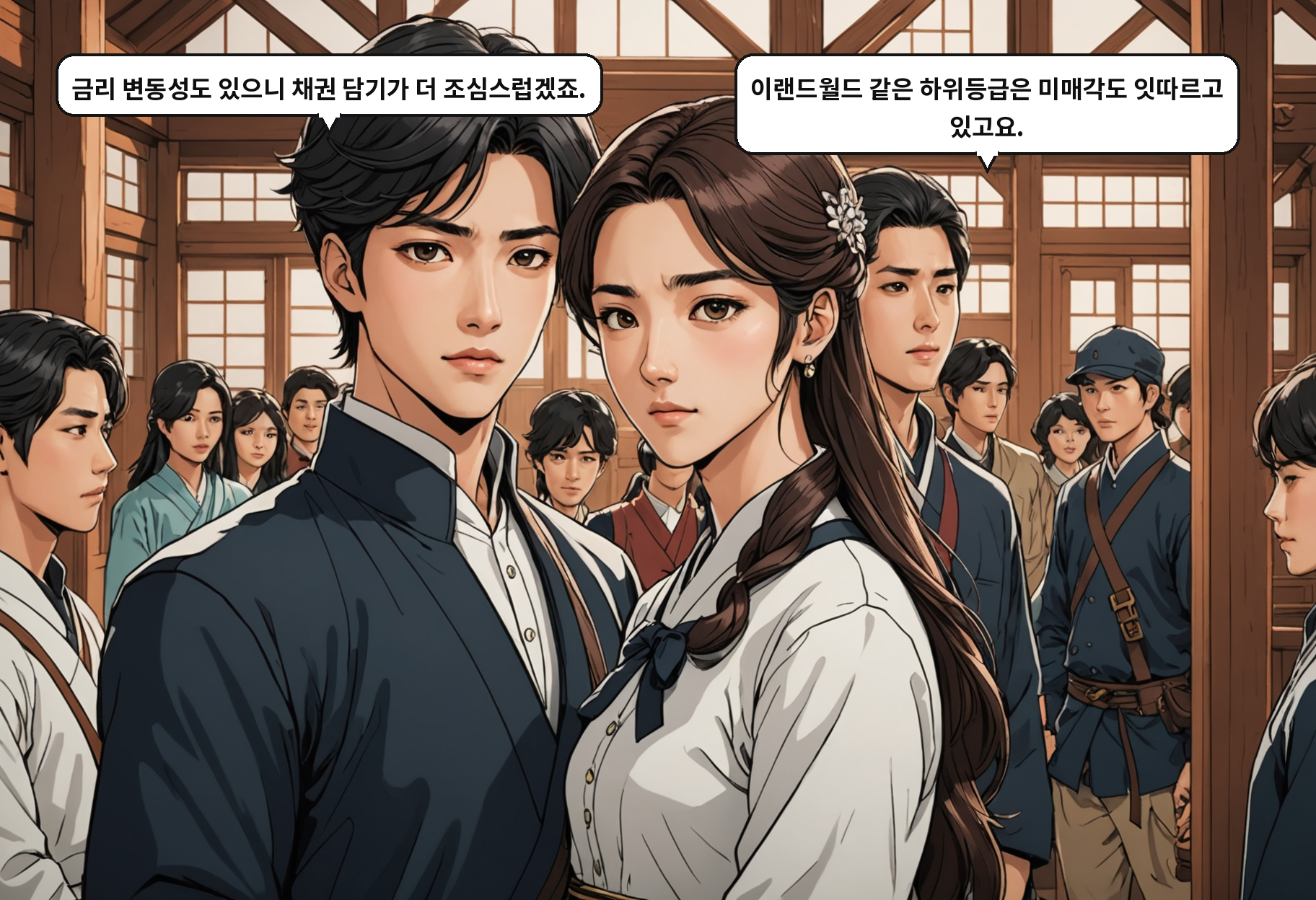 B: 금리 변동성도 있으니 채권 담기가 더 조심스럽겠죠. A: 이랜드월드 같은 하위등급은 미매각도 잇따르고 있고요.