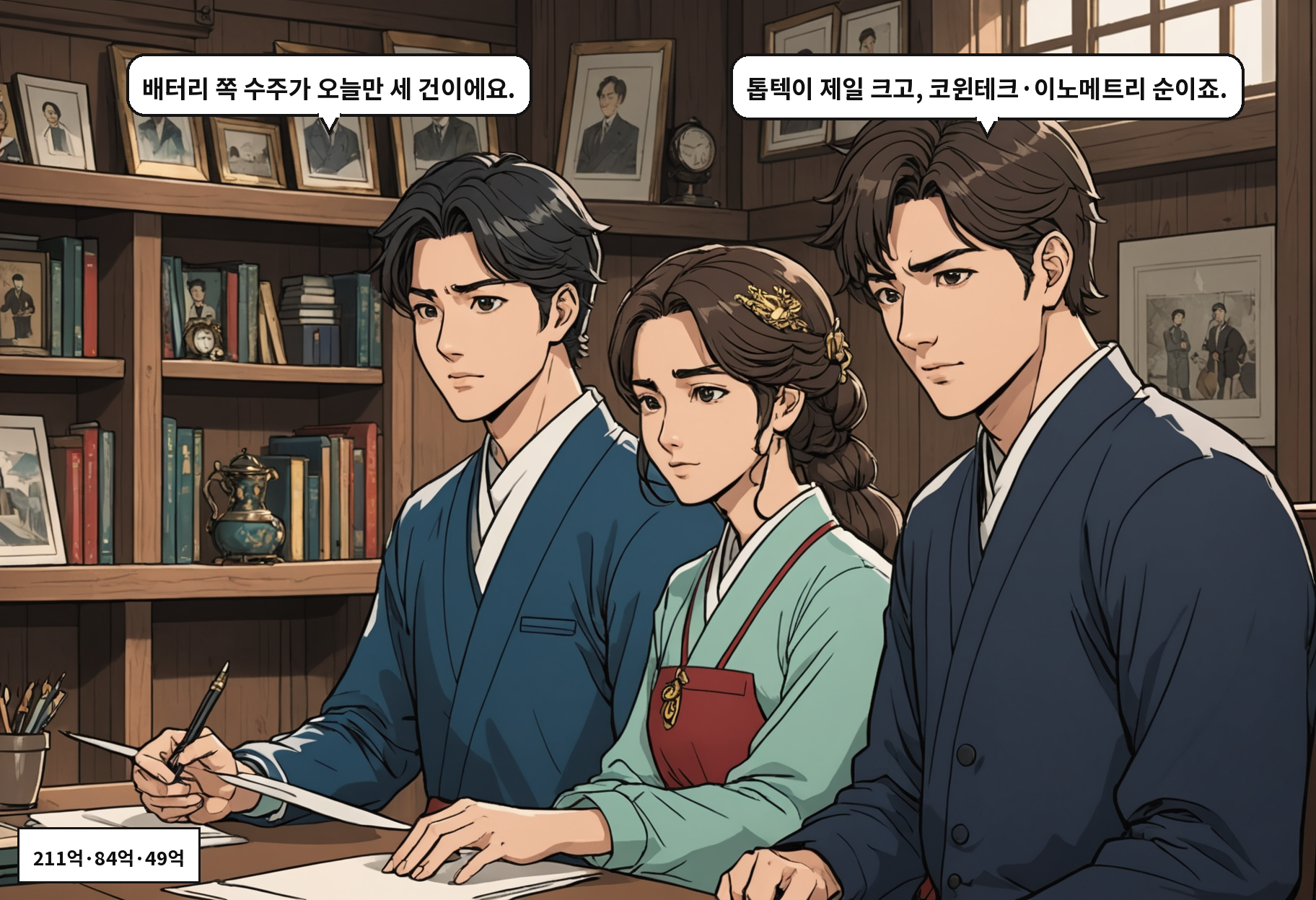 A: 배터리 쪽 수주가 오늘만 세 건이에요. B: 톱텍이 제일 크고, 코윈테크·이노메트리 순이죠.