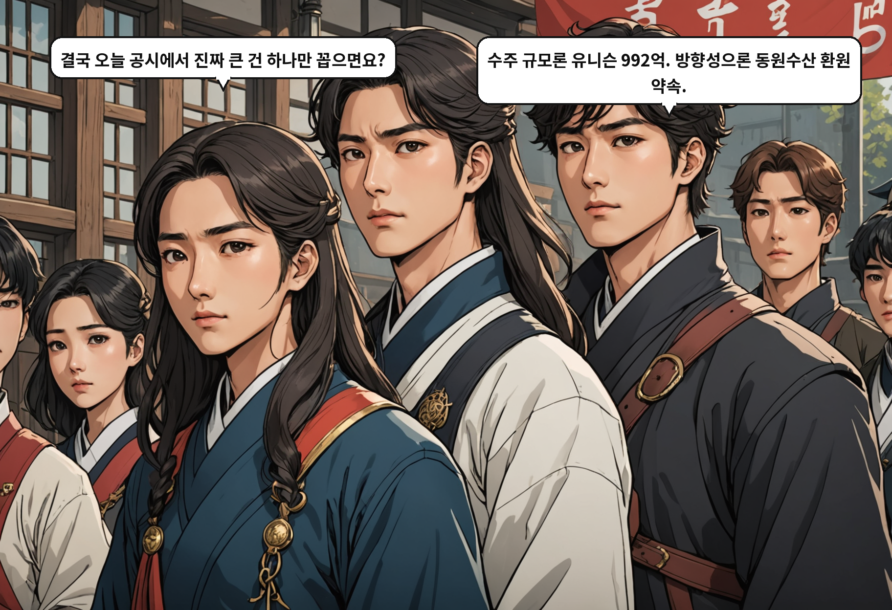 A: 결국 오늘 공시에서 진짜 큰 건 하나만 꼽으면요? B: 수주 규모론 유니슨 992억. 방향성으론 동원수산 환원 약속.
