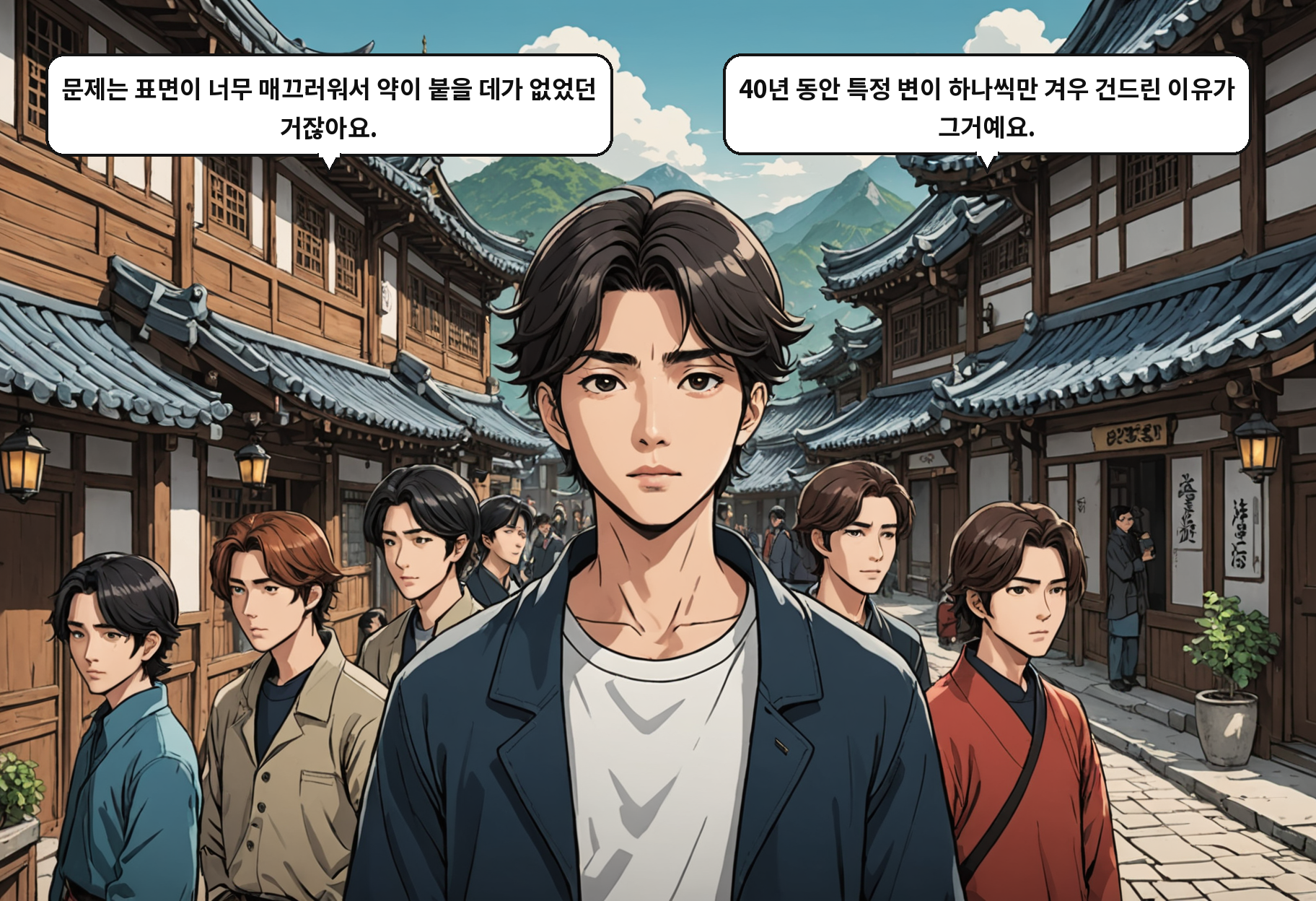 A: 문제는 표면이 너무 매끄러워서 약이 붙을 데가 없었던 거잖아요. B: 40년 동안 특정 변이 하나씩만 겨우 건드린 이유가 그거예요.