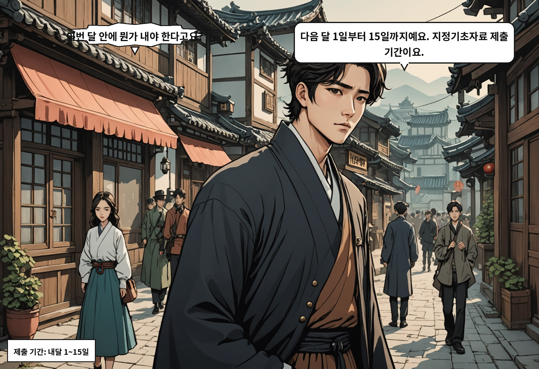 A: 이번 달 안에 뭔가 내야 한다고요? B: 다음 달 1일부터 15일까지예요. 지정기초자료 제출 기간이요.