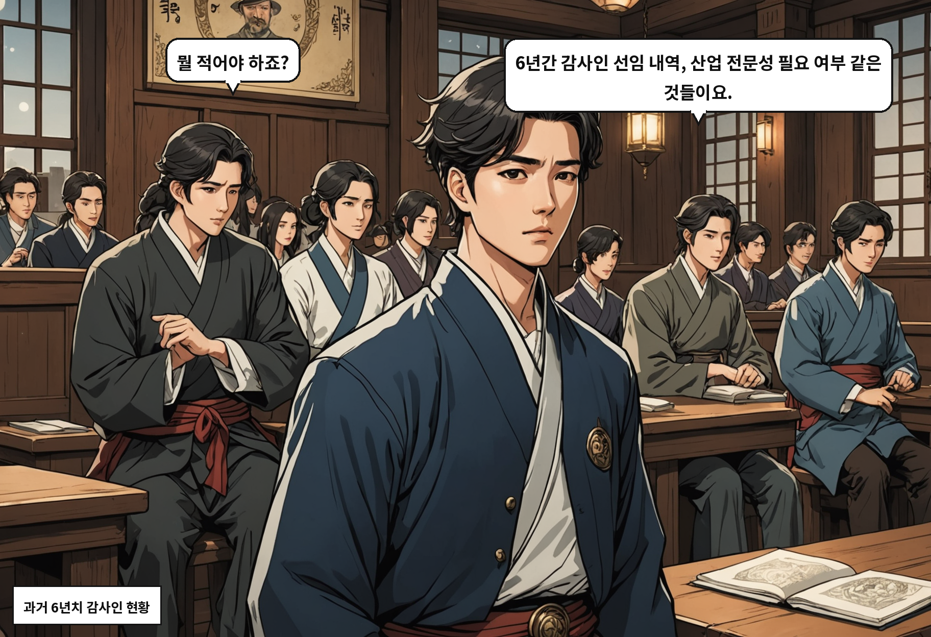 A: 뭘 적어야 하죠? B: 6년간 감사인 선임 내역, 산업 전문성 필요 여부 같은 것들이요.