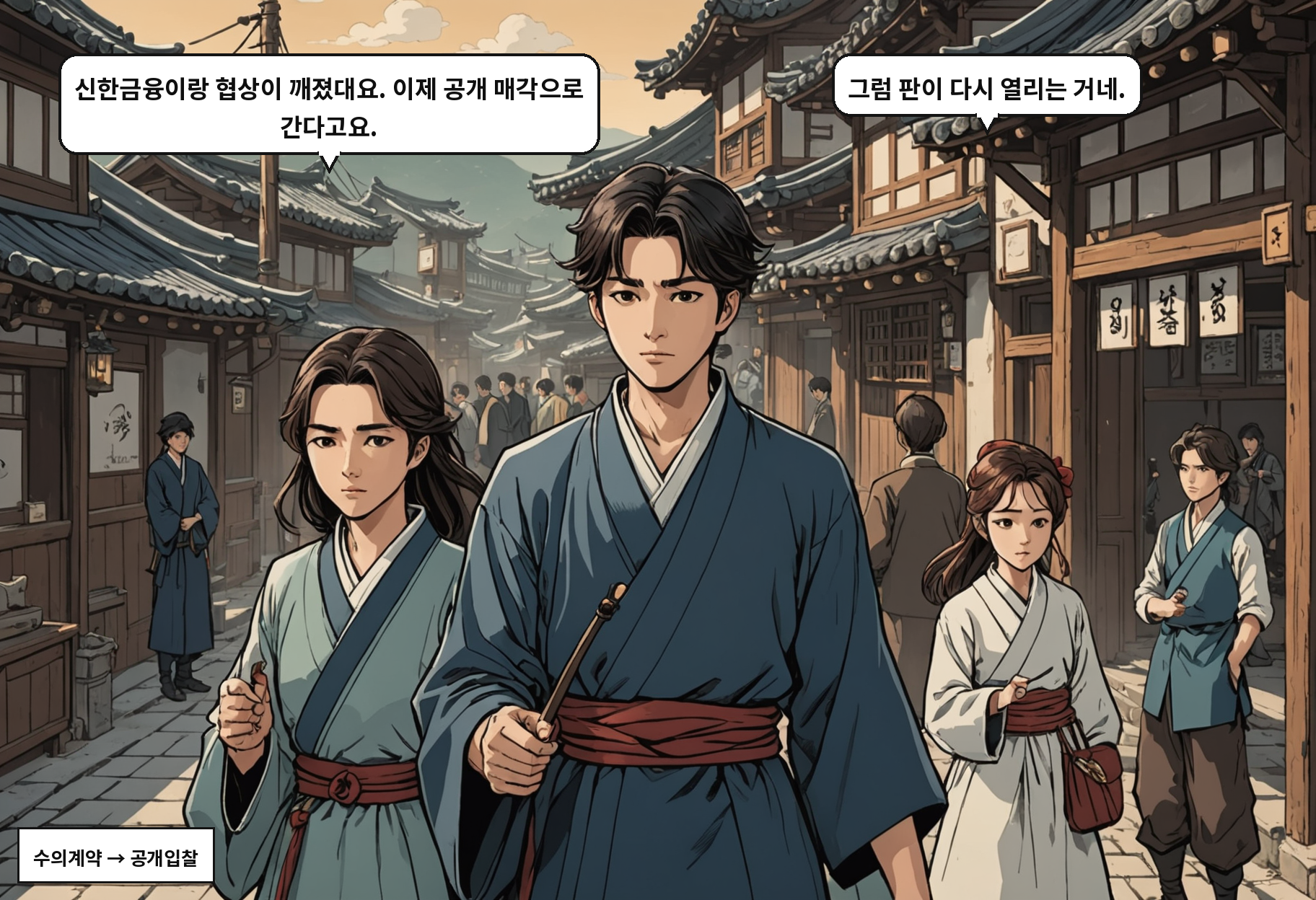 A: 신한금융이랑 협상이 깨졌대요. 이제 공개 매각으로 간다고요. B: 그럼 판이 다시 열리는 거네.
