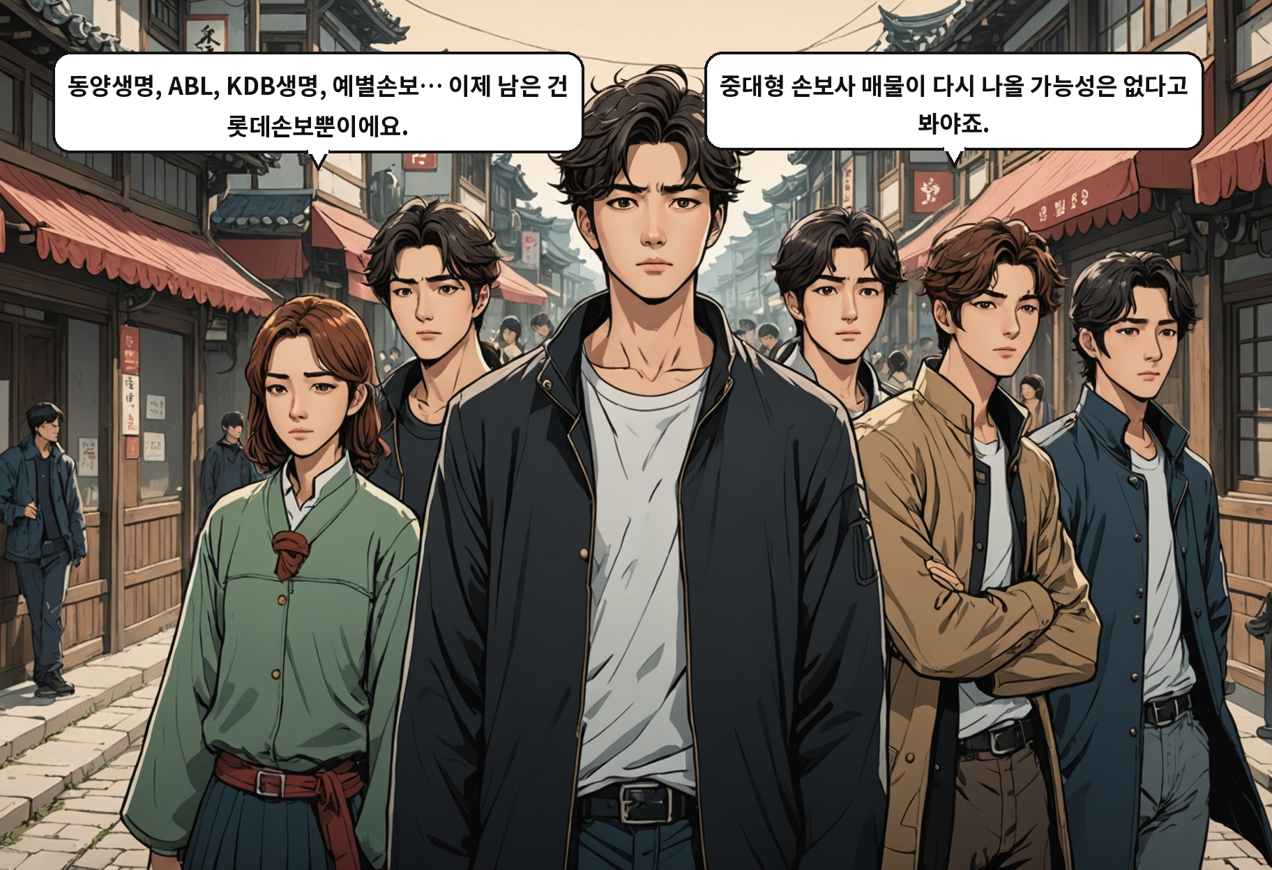 A: 동양생명, ABL, KDB생명, 예별손보… 이제 남은 건 롯데손보뿐이에요. B: 중대형 손보사 매물이 다시 나올 가능성은 없다고 봐야죠.