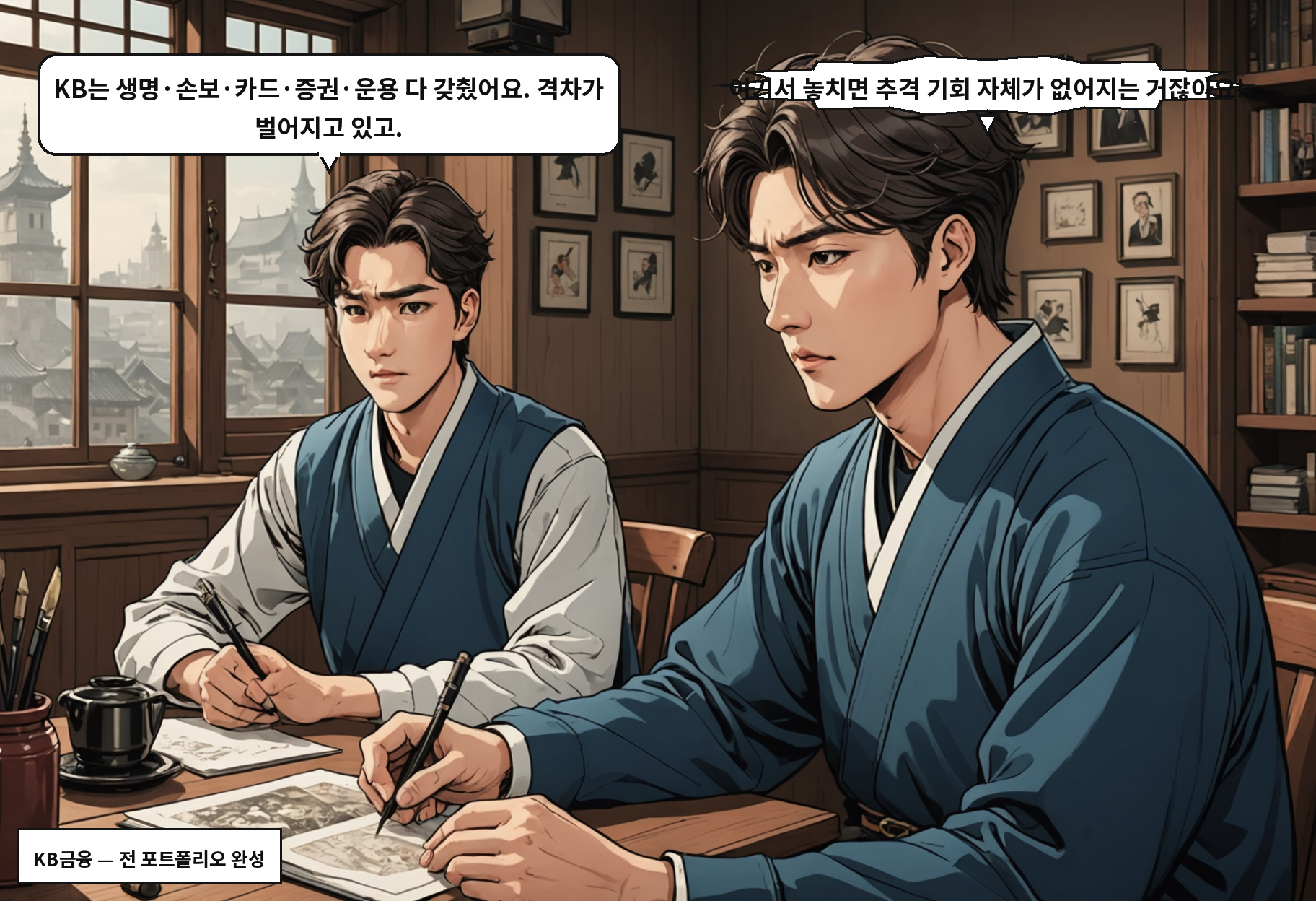 B: KB는 생명·손보·카드·증권·운용 다 갖췄어요. 격차가 벌어지고 있고. A: 여기서 놓치면 추격 기회 자체가 없어지는 거잖아요!