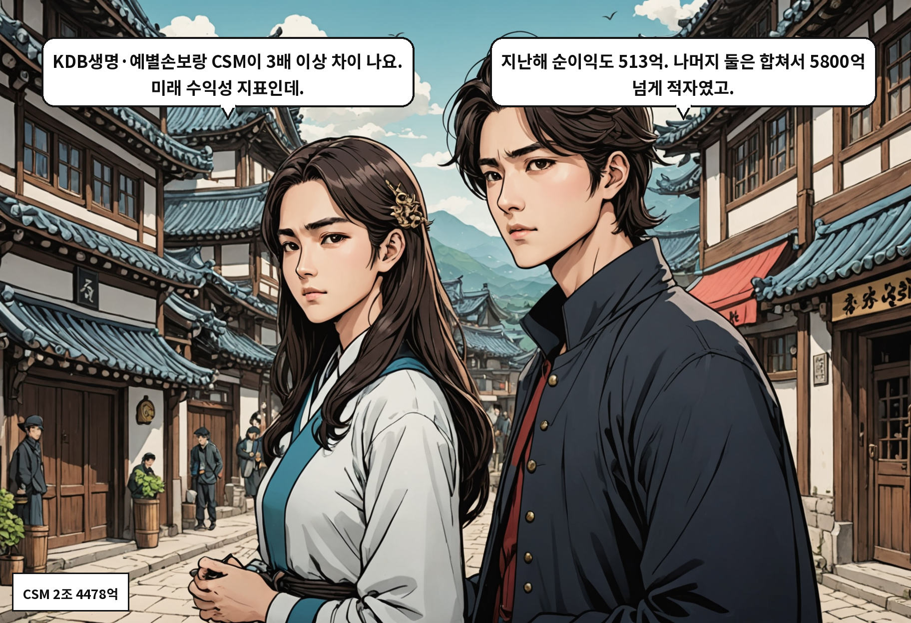A: KDB생명·예별손보랑 CSM이 3배 이상 차이 나요. 미래 수익성 지표인데. B: 지난해 순이익도 513억. 나머지 둘은 합쳐서 5800억 넘게 적자였고.