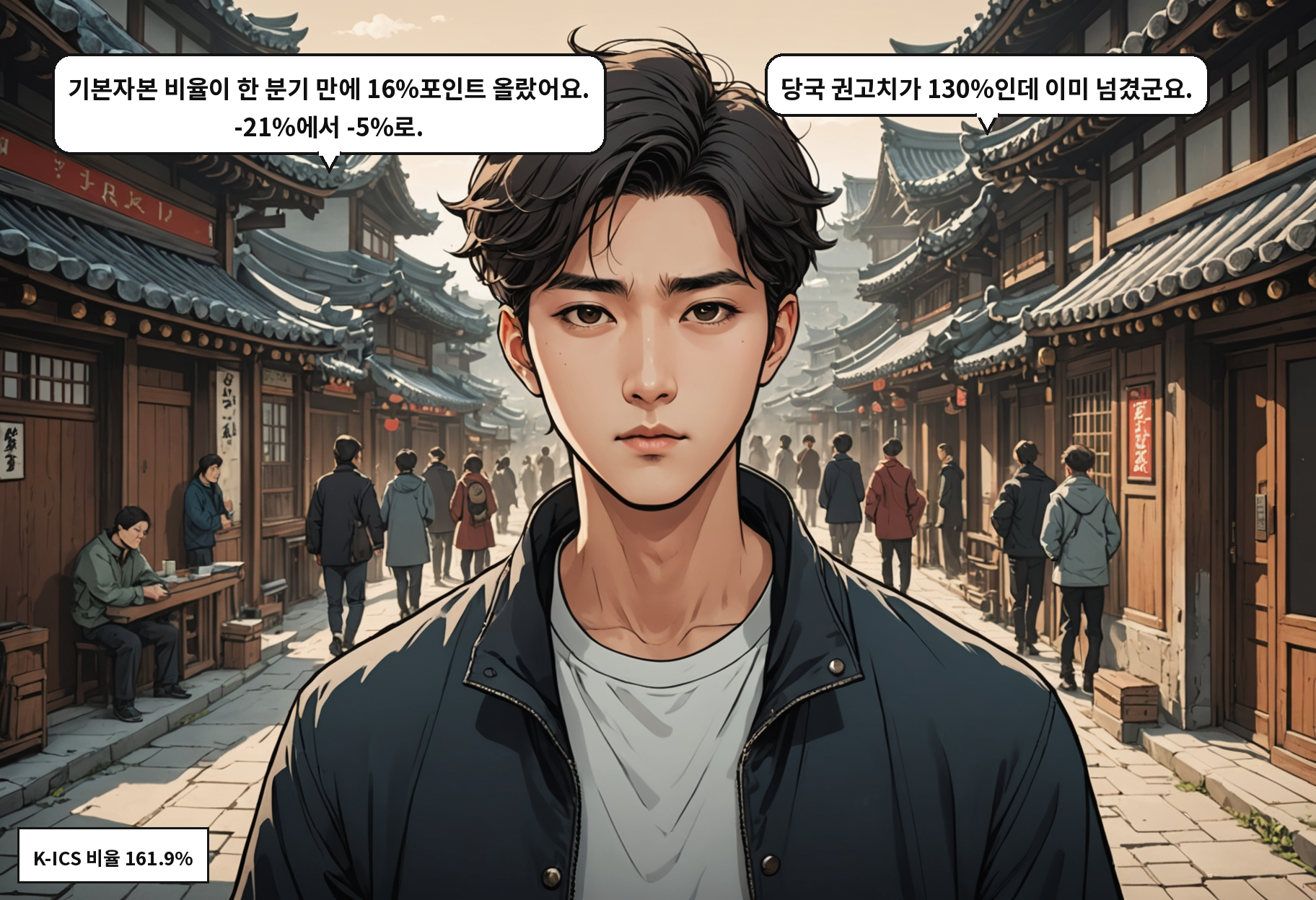 A: 기본자본 비율이 한 분기 만에 16%포인트 올랐어요. -21%에서 -5%로. B: 당국 권고치가 130%인데 이미 넘겼군요.