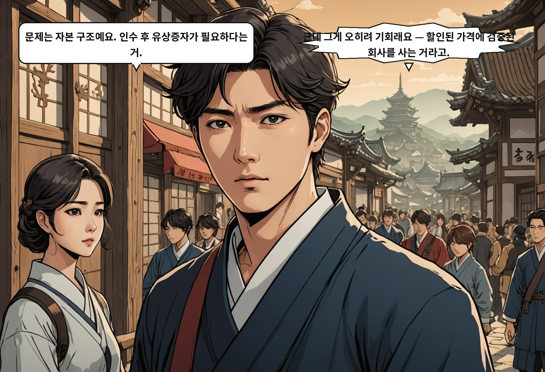 B: 문제는 자본 구조예요. 인수 후 유상증자가 필요하다는 거. A: 근데 그게 오히려 기회래요 — 할인된 가격에 검증된 회사를 사는 거라고.