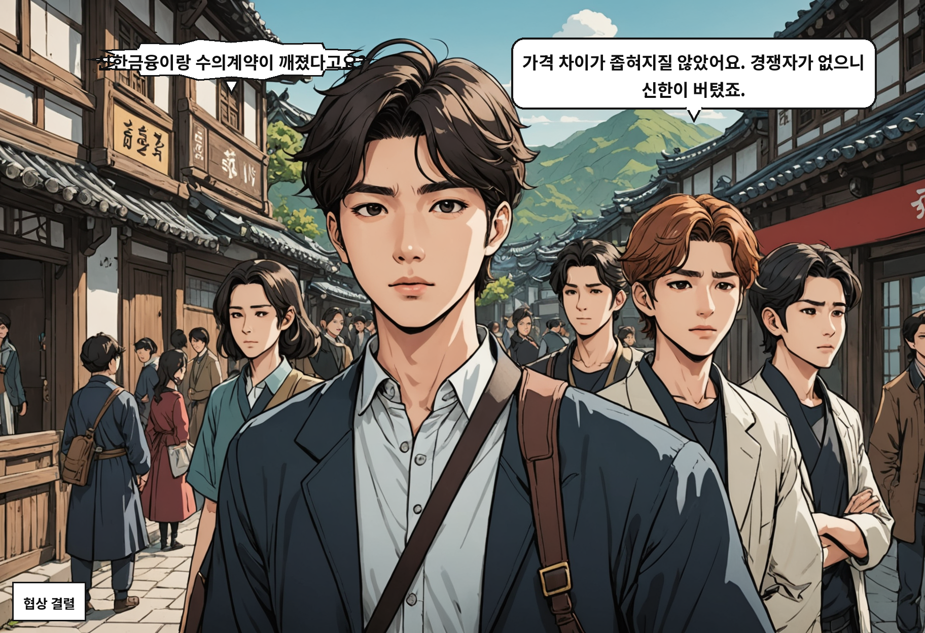 B: 신한금융이랑 수의계약이 깨졌다고요? A: 가격 차이가 좁혀지질 않았어요. 경쟁자가 없으니 신한이 버텼죠.
