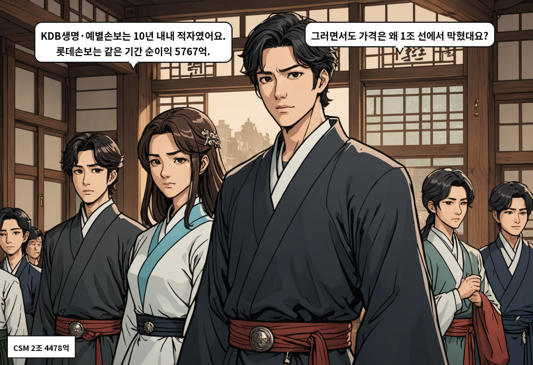 A: KDB생명·예별손보는 10년 내내 적자였어요. 롯데손보는 같은 기간 순이익 5767억. B: 그러면서도 가격은 왜 1조 선에서 막혔대요?