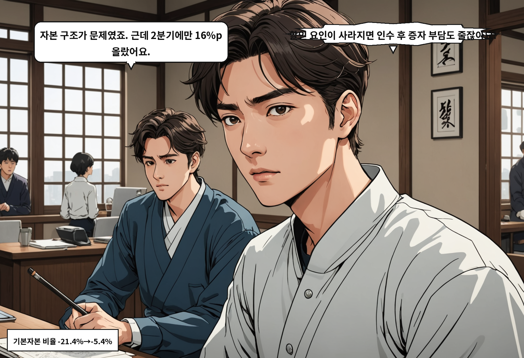 A: 자본 구조가 문제였죠. 근데 2분기에만 16%p 올랐어요. B: 할인 요인이 사라지면 인수 후 증자 부담도 줄잖아요!