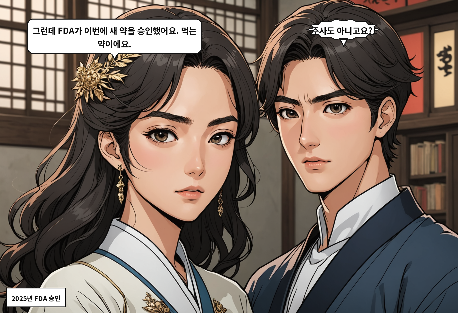 A: 그런데 FDA가 이번에 새 약을 승인했어요. 먹는 약이에요. B: 주사도 아니고요?!