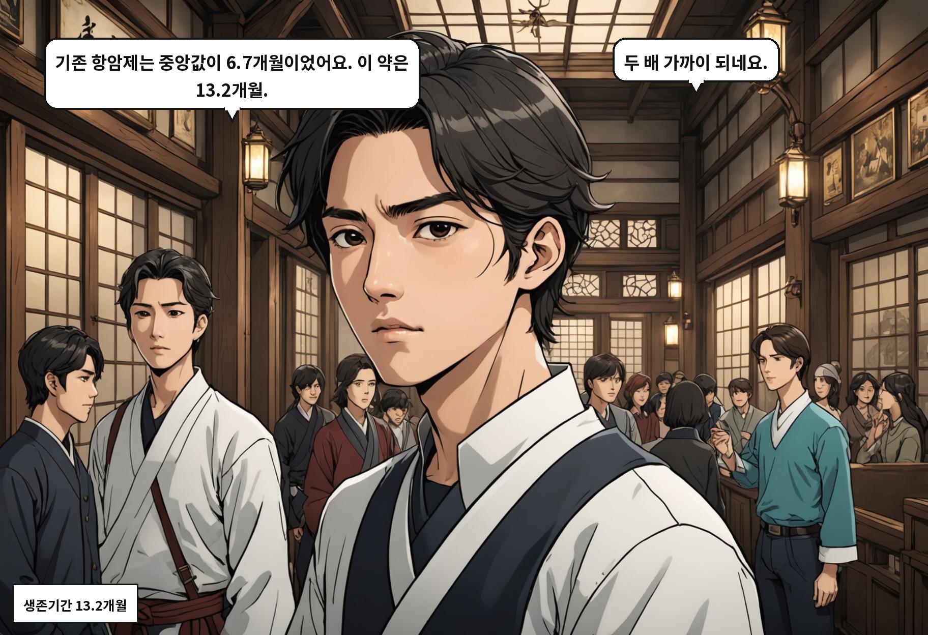 A: 기존 항암제는 중앙값이 6.7개월이었어요. 이 약은 13.2개월. B: 두 배 가까이 되네요.