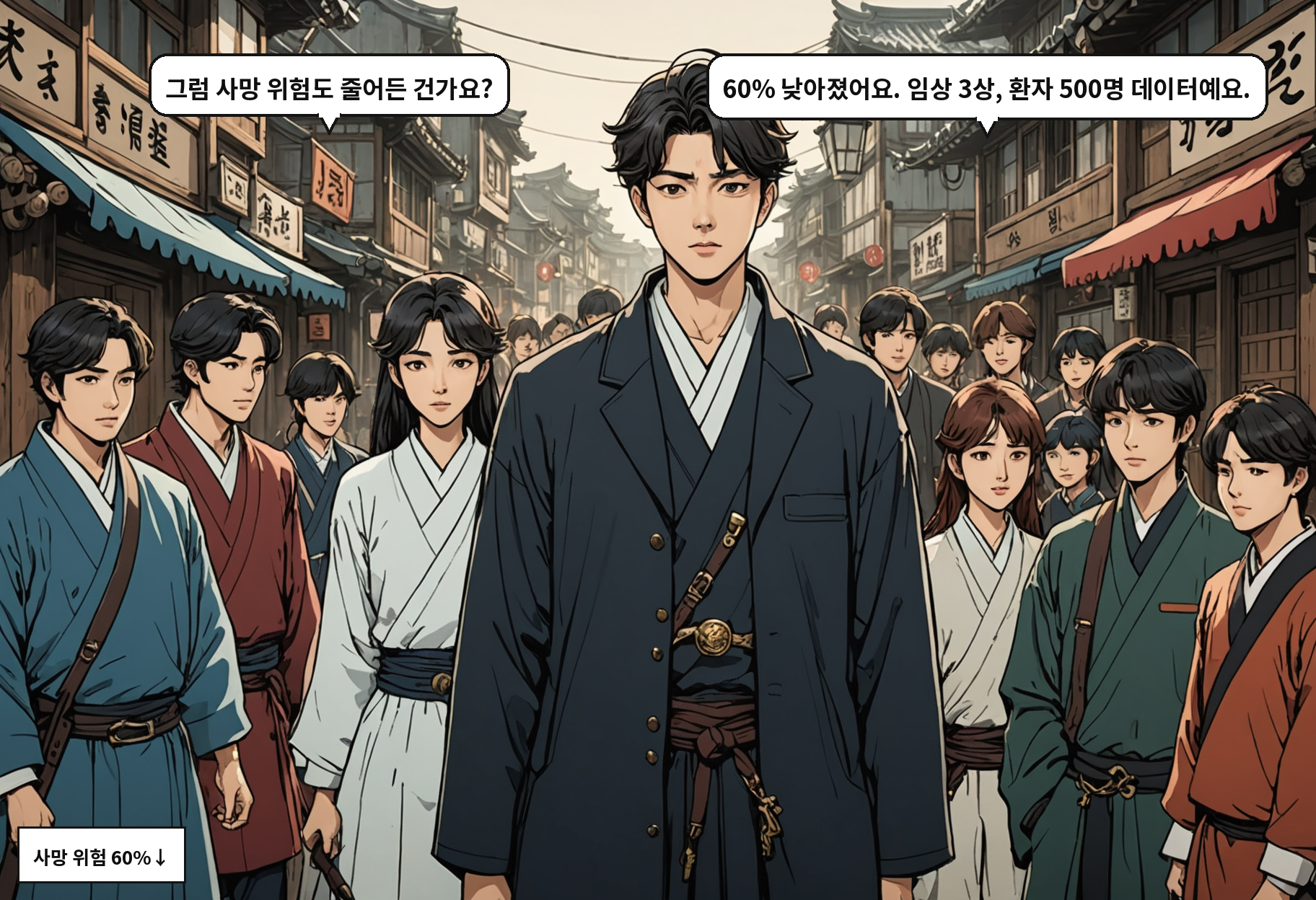 B: 그럼 사망 위험도 줄어든 건가요? A: 60% 낮아졌어요. 임상 3상, 환자 500명 데이터예요.