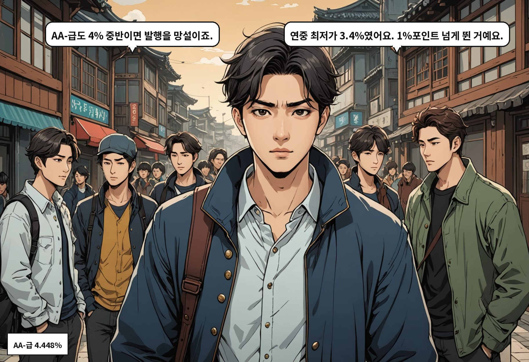 B: AA-급도 4% 중반이면 발행을 망설이죠. A: 연중 최저가 3.4%였어요. 1%포인트 넘게 뛴 거예요.