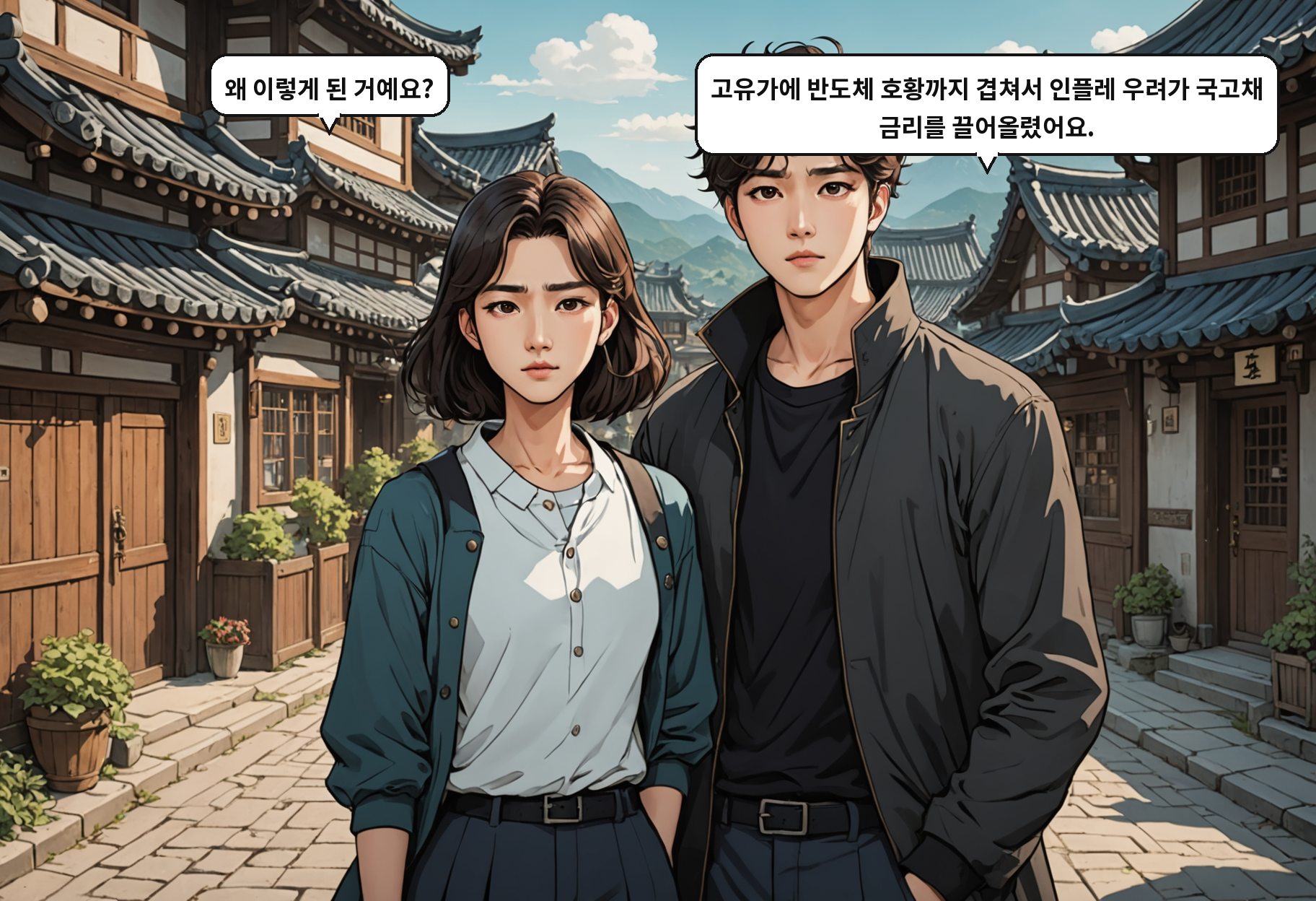 B: 왜 이렇게 된 거예요? A: 고유가에 반도체 호황까지 겹쳐서 인플레 우려가 국고채 금리를 끌어올렸어요.