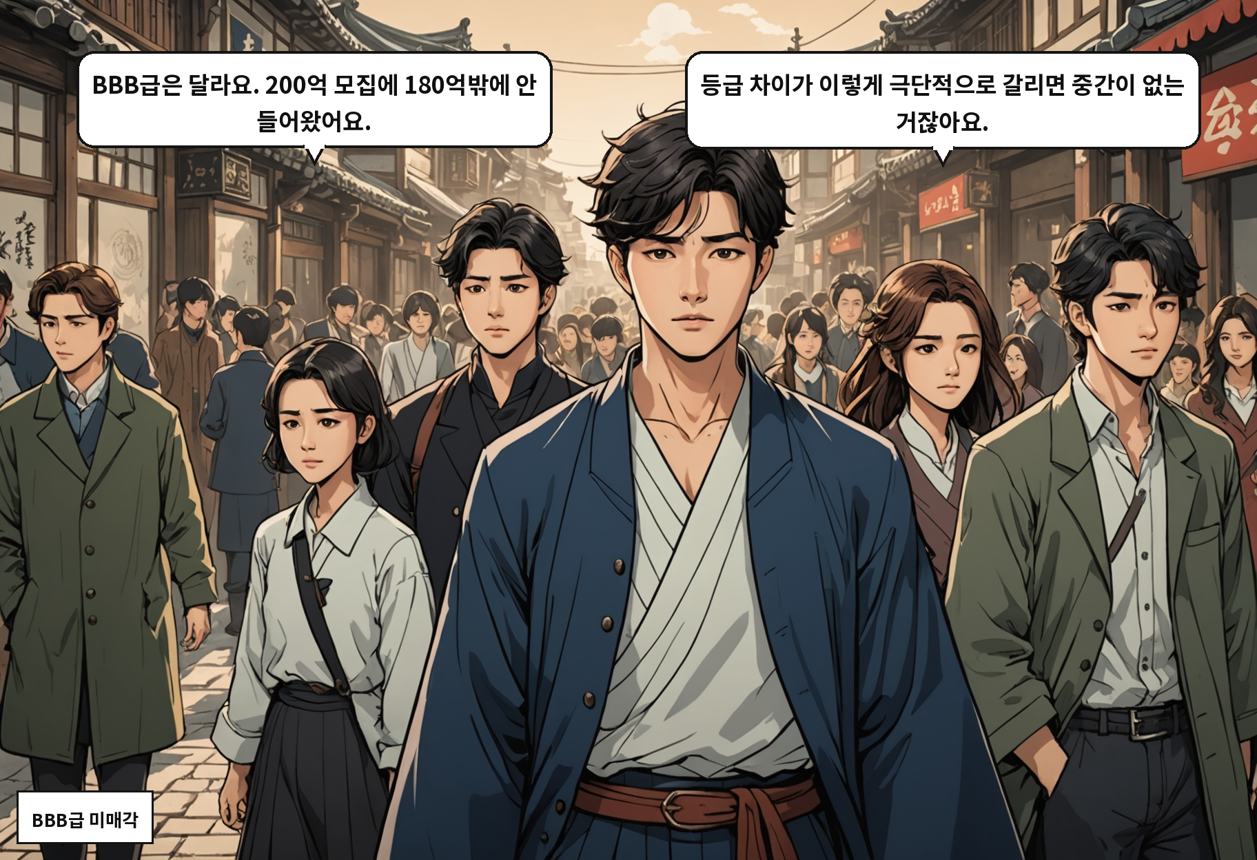 A: BBB급은 달라요. 200억 모집에 180억밖에 안 들어왔어요. B: 등급 차이가 이렇게 극단적으로 갈리면 중간이 없는 거잖아요.