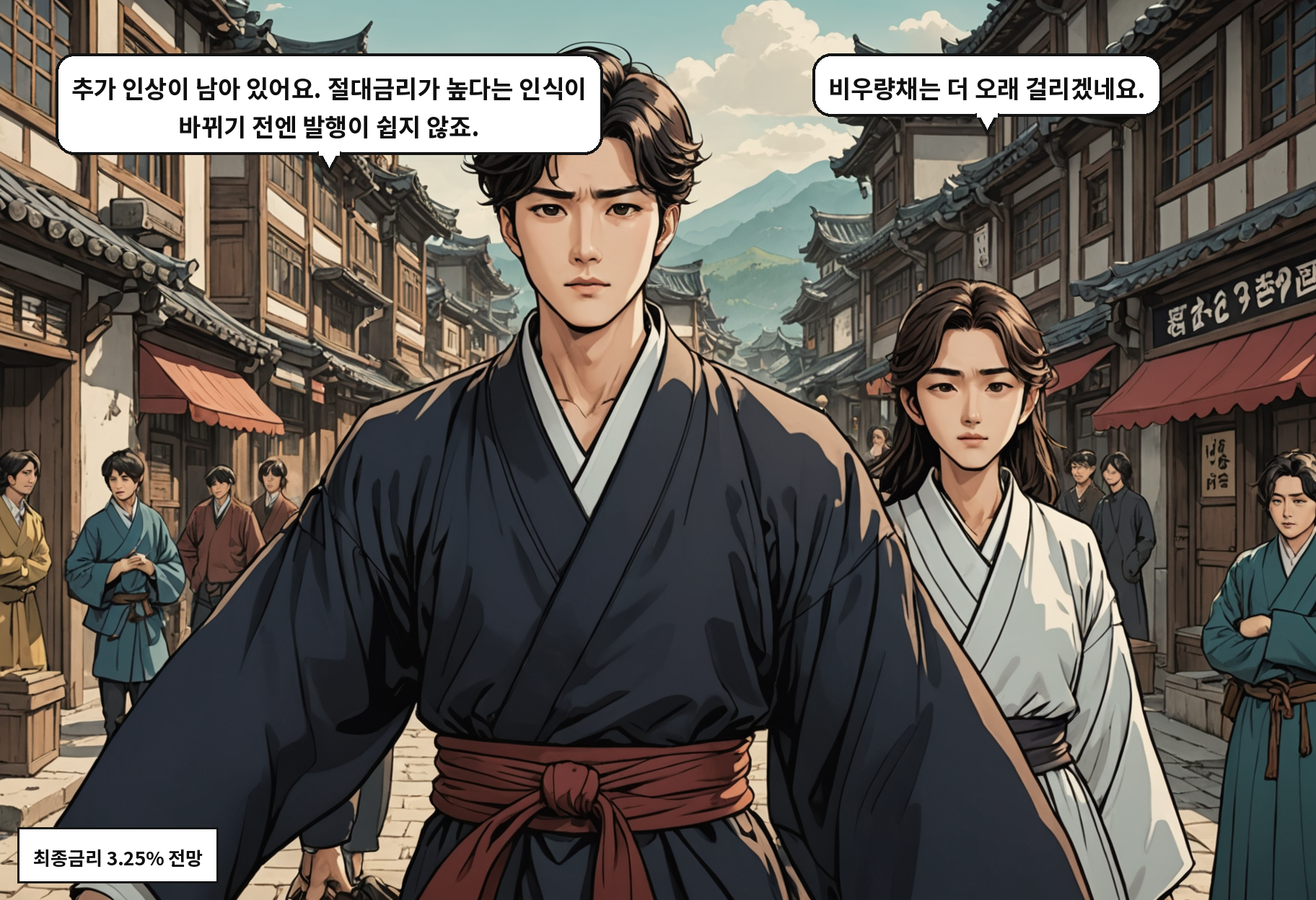 A: 추가 인상이 남아 있어요. 절대금리가 높다는 인식이 바뀌기 전엔 발행이 쉽지 않죠. B: 비우량채는 더 오래 걸리겠네요.
