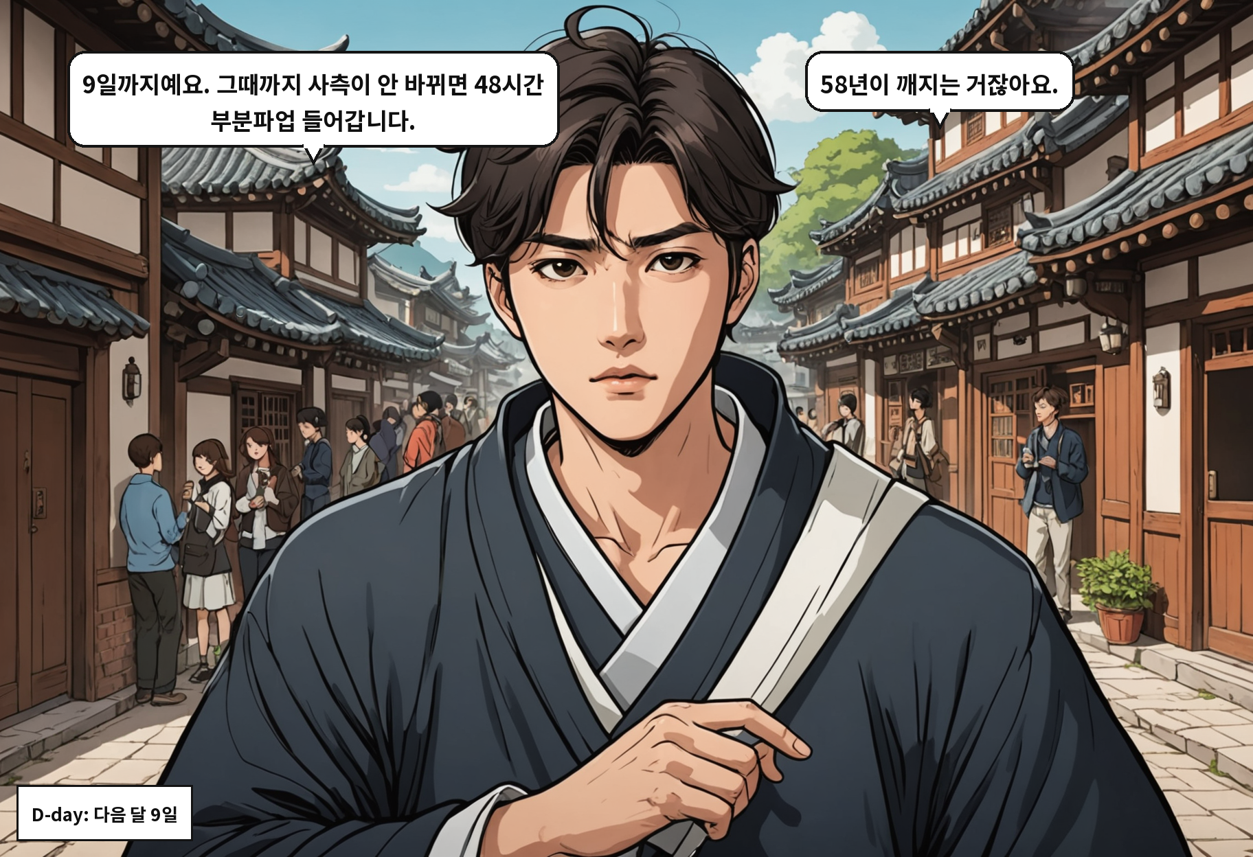 B: 9일까지예요. 그때까지 사측이 안 바뀌면 48시간 부분파업 들어갑니다. A: 58년이 깨지는 거잖아요.