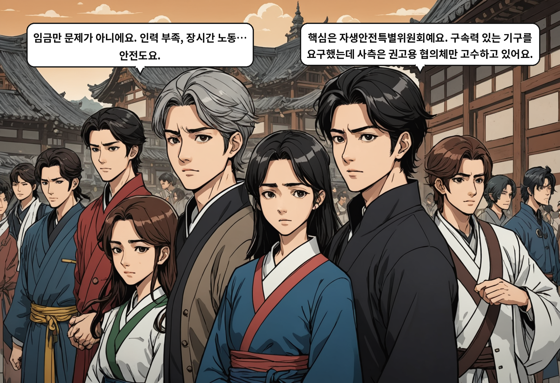 A: 임금만 문제가 아니에요. 인력 부족, 장시간 노동… 안전도요. B: 핵심은 자생안전특별위원회예요. 구속력 있는 기구를 요구했는데 사측은 권고용 협의체만 고수하고 있어요.