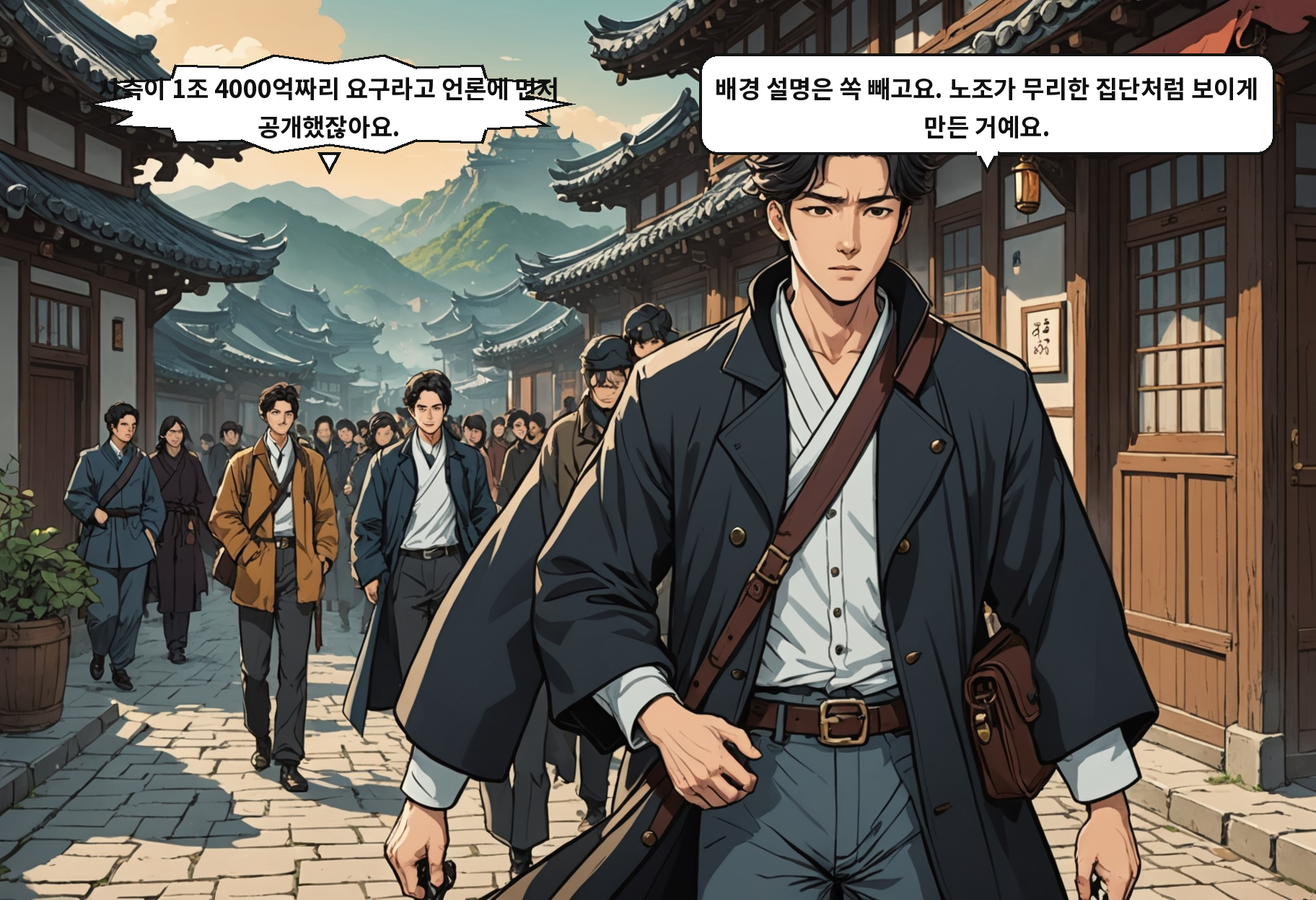 A: 사측이 1조 4000억짜리 요구라고 언론에 먼저 공개했잖아요. B: 배경 설명은 쏙 빼고요. 노조가 무리한 집단처럼 보이게 만든 거예요.