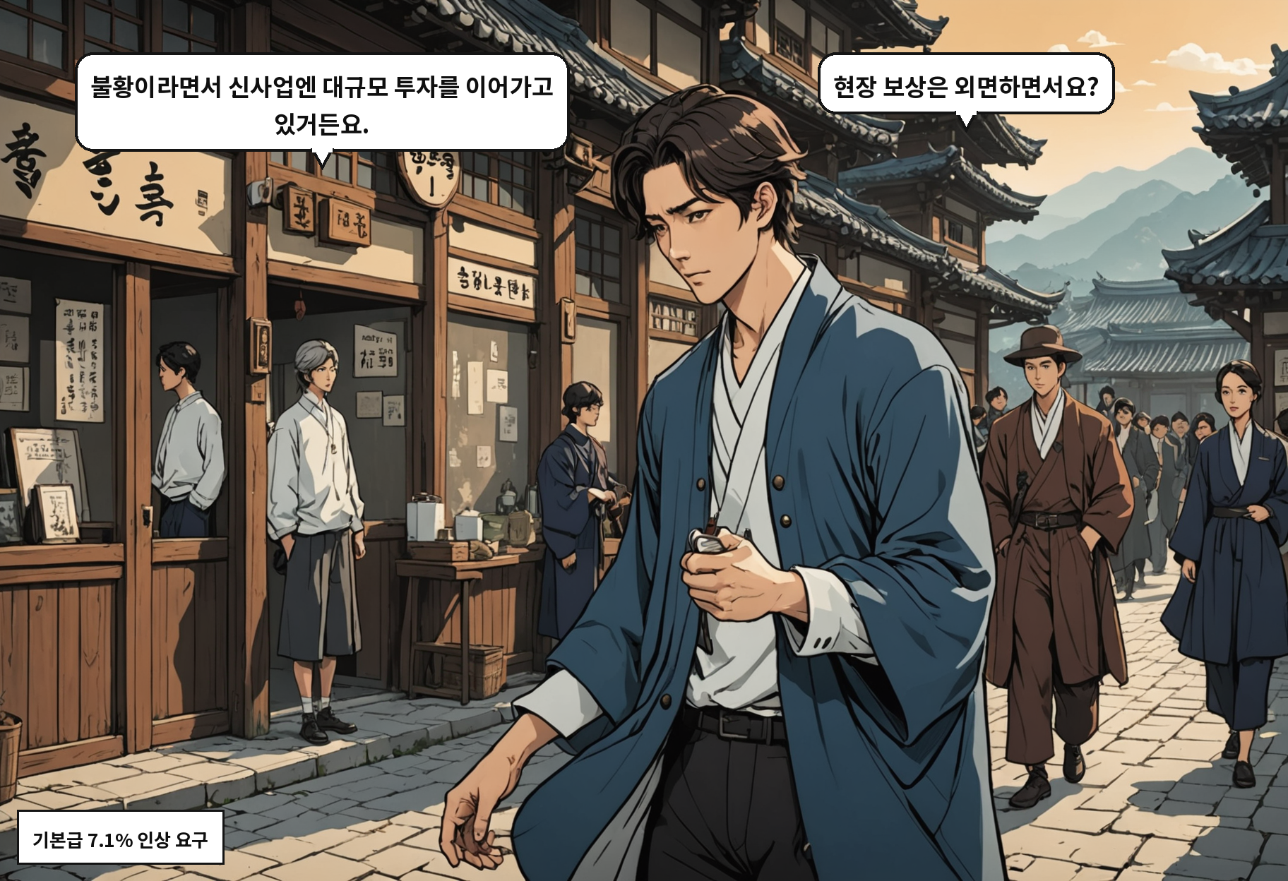 B: 불황이라면서 신사업엔 대규모 투자를 이어가고 있거든요. A: 현장 보상은 외면하면서요?