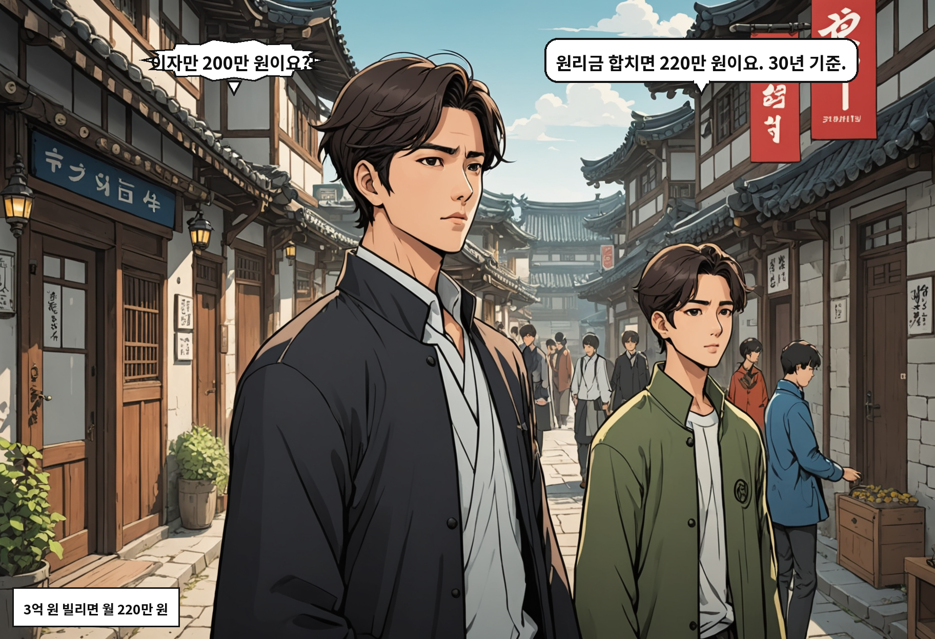 A: 이자만 200만 원이요?! B: 원리금 합치면 220만 원이요. 30년 기준.