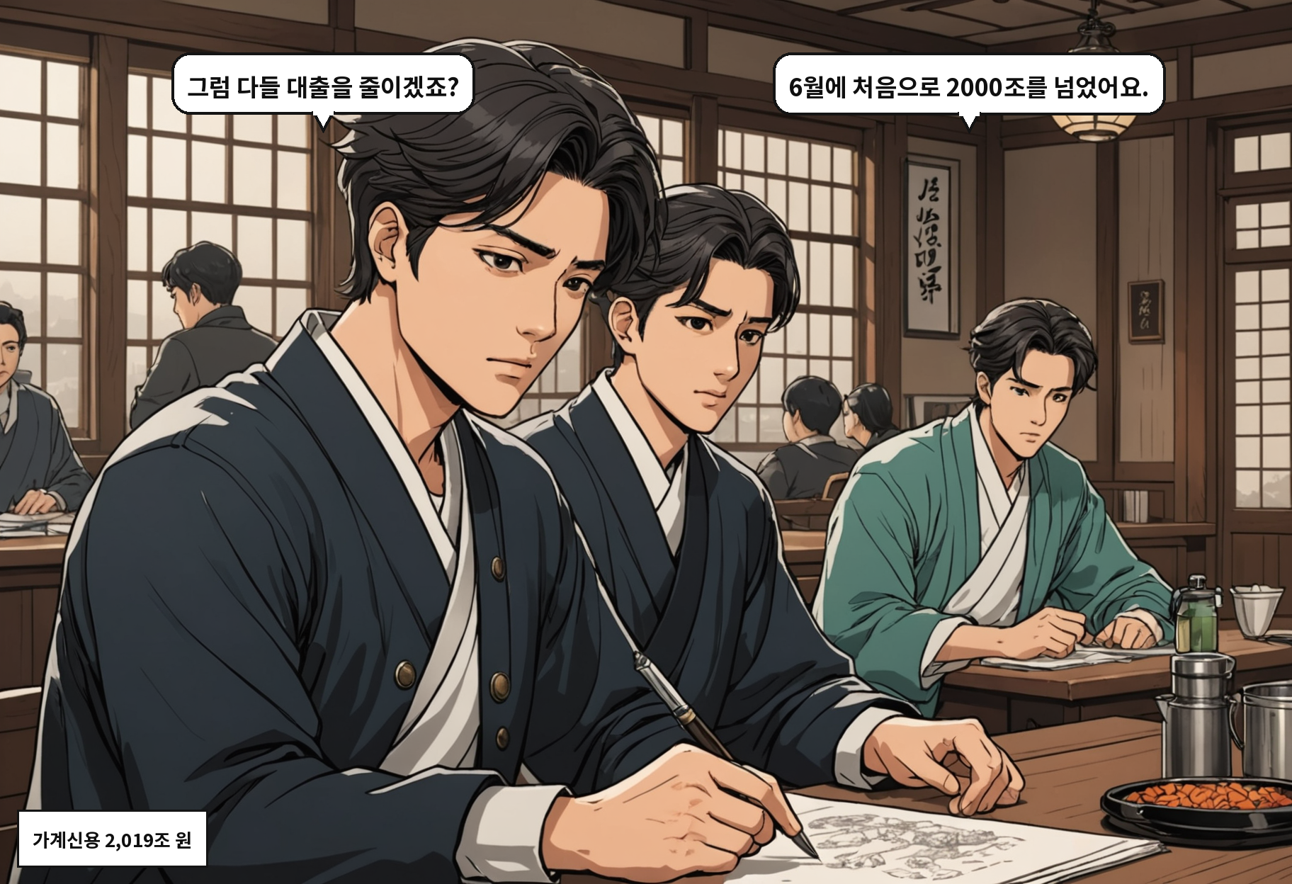 A: 그럼 다들 대출을 줄이겠죠? B: 6월에 처음으로 2000조를 넘었어요.