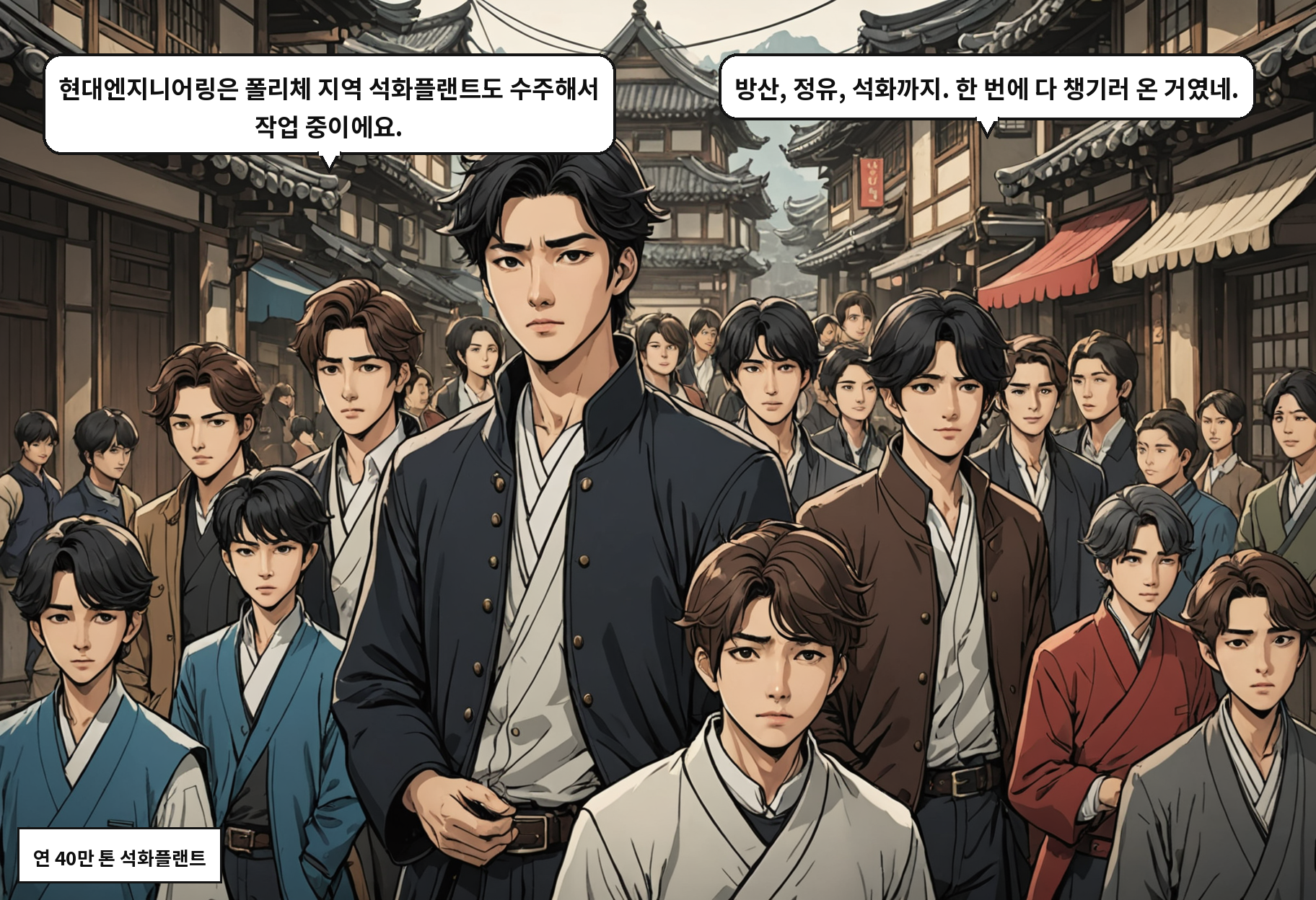 A: 현대엔지니어링은 폴리체 지역 석화플랜트도 수주해서 작업 중이에요. B: 방산, 정유, 석화까지. 한 번에 다 챙기러 온 거였네.
