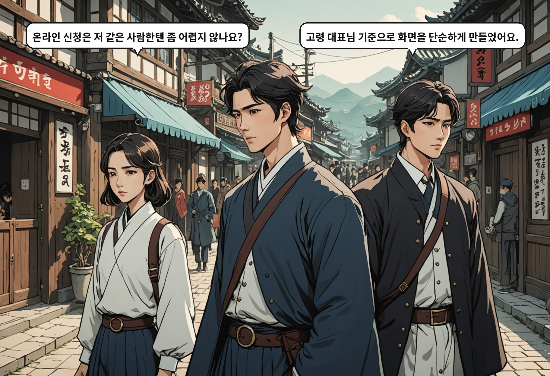 A: 온라인 신청은 저 같은 사람한텐 좀 어렵지 않나요? B: 고령 대표님 기준으로 화면을 단순하게 만들었어요.