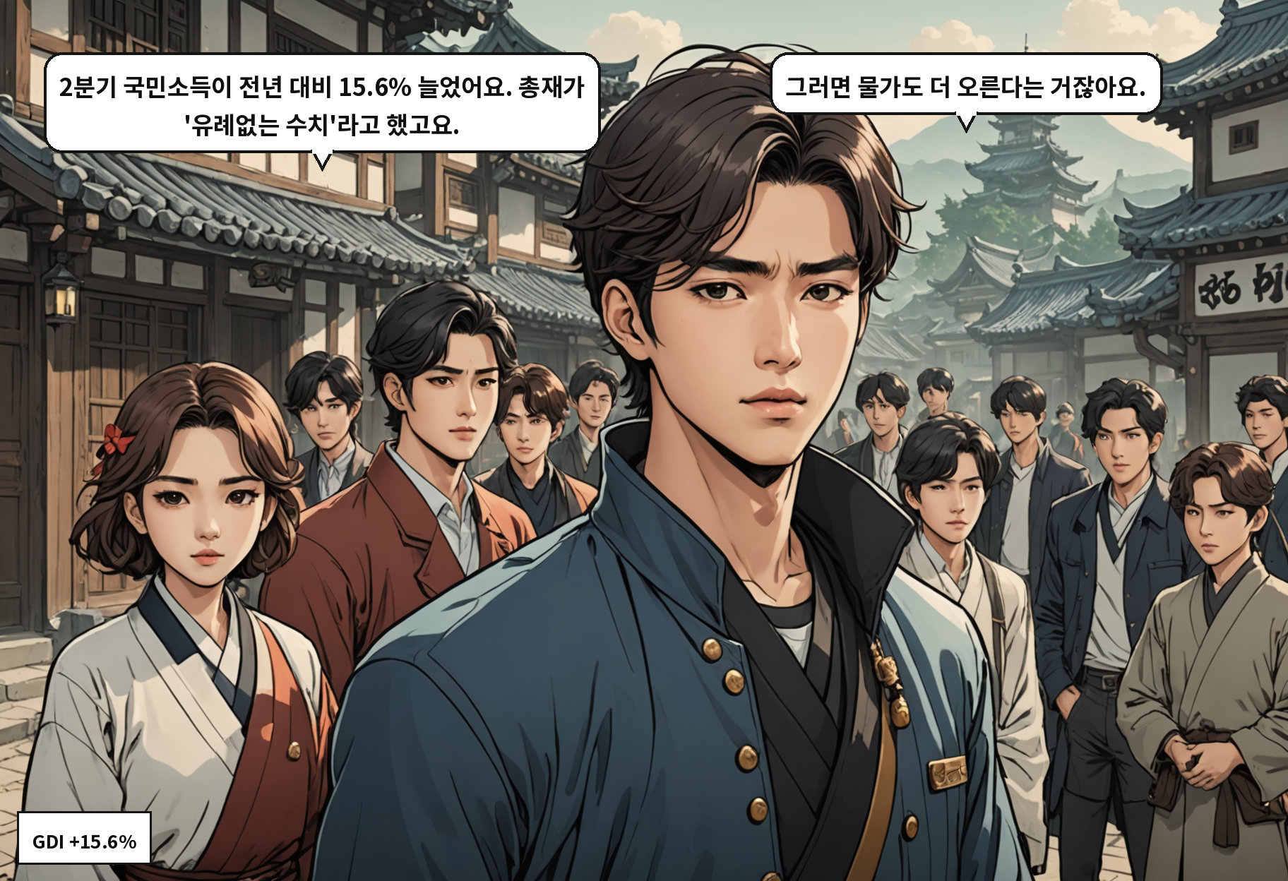 B: 2분기 국민소득이 전년 대비 15.6% 늘었어요. 총재가 '유례없는 수치'라고 했고요. A: 그러면 물가도 더 오른다는 거잖아요.