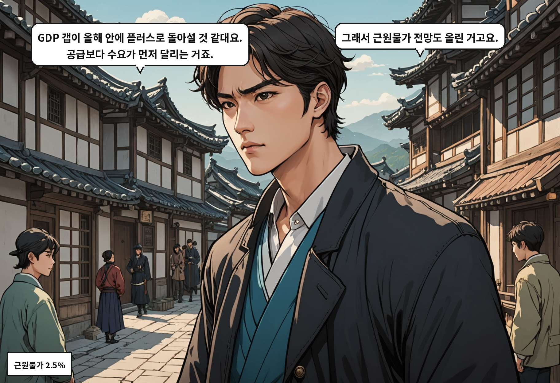 B: GDP 갭이 올해 안에 플러스로 돌아설 것 같대요. 공급보다 수요가 먼저 달리는 거죠. A: 그래서 근원물가 전망도 올린 거고요.