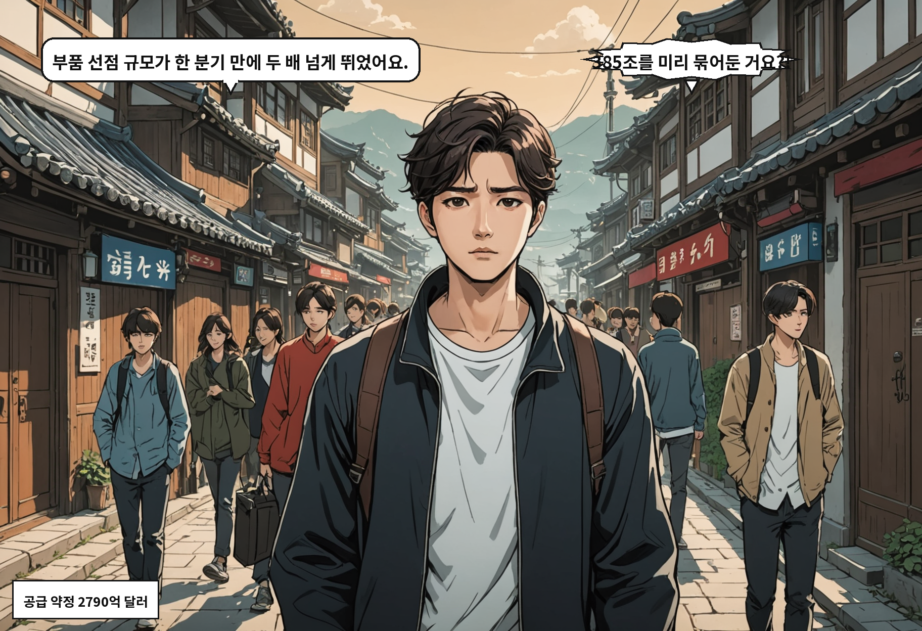 A: 부품 선점 규모가 한 분기 만에 두 배 넘게 뛰었어요. B: 385조를 미리 묶어둔 거요?!