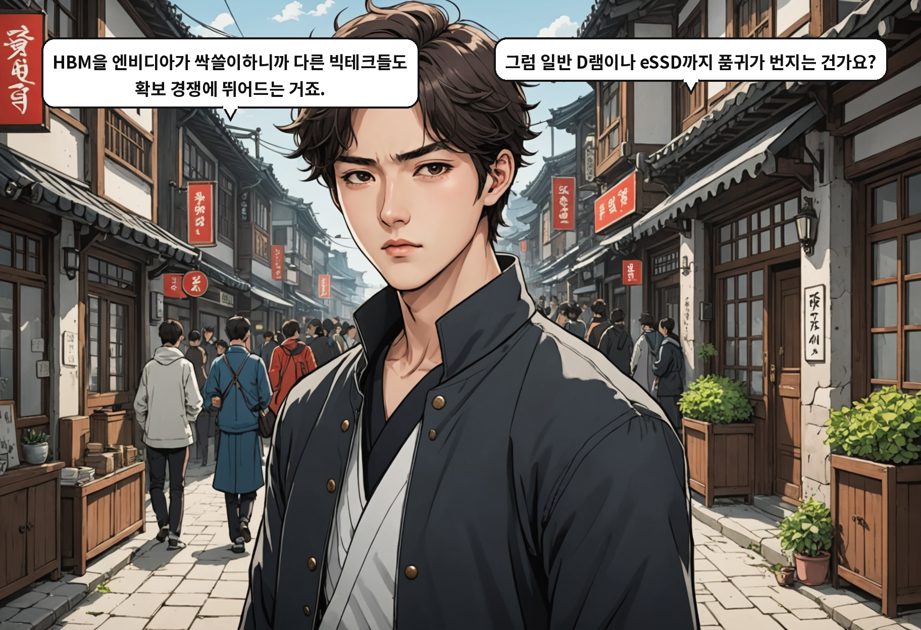 A: HBM을 엔비디아가 싹쓸이하니까 다른 빅테크들도 확보 경쟁에 뛰어드는 거죠. B: 그럼 일반 D램이나 eSSD까지 품귀가 번지는 건가요?
