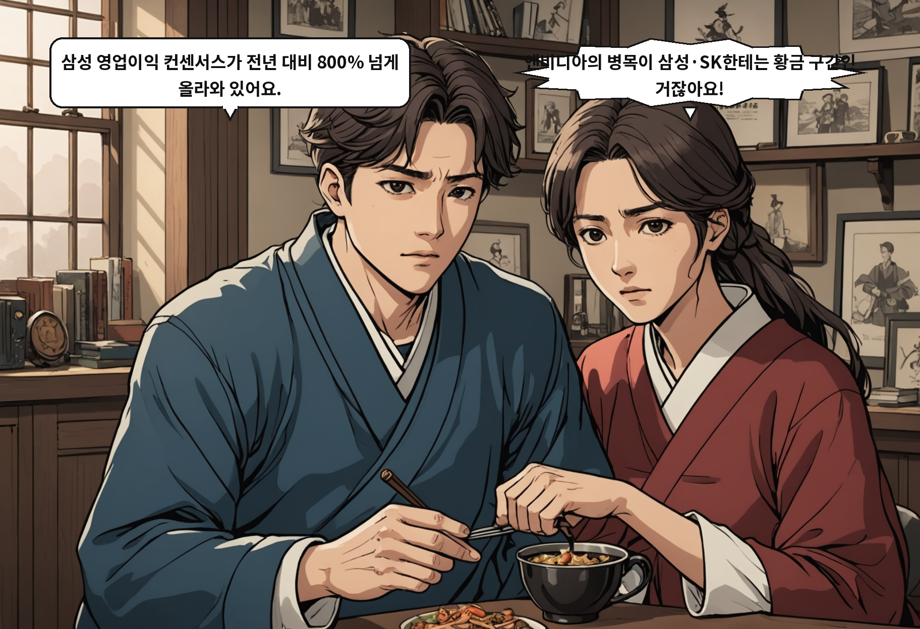 A: 삼성 영업이익 컨센서스가 전년 대비 800% 넘게 올라와 있어요. B: 엔비디아의 병목이 삼성·SK한테는 황금 구간인 거잖아요!