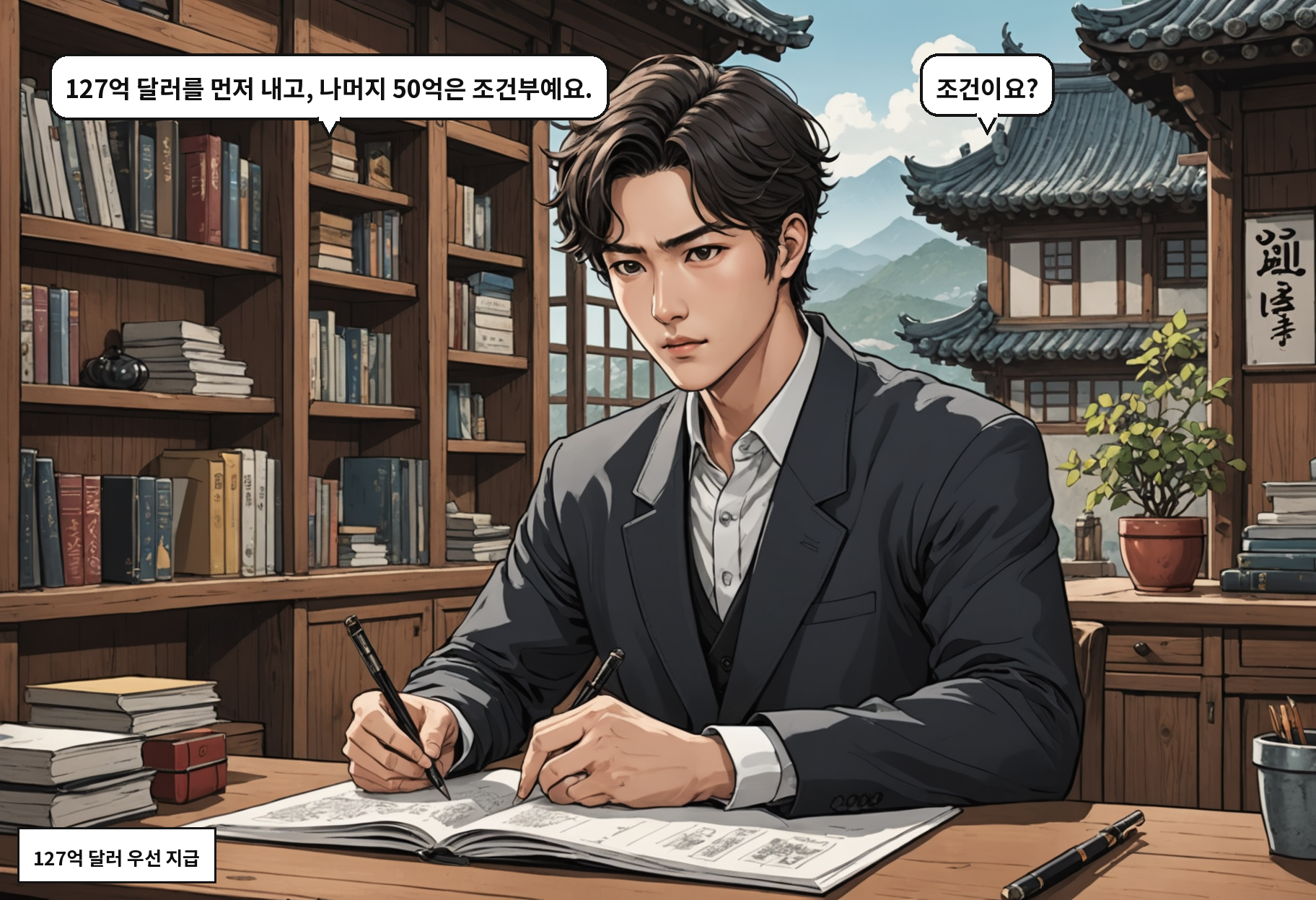 B: 127억 달러를 먼저 내고, 나머지 50억은 조건부예요. A: 조건이요?