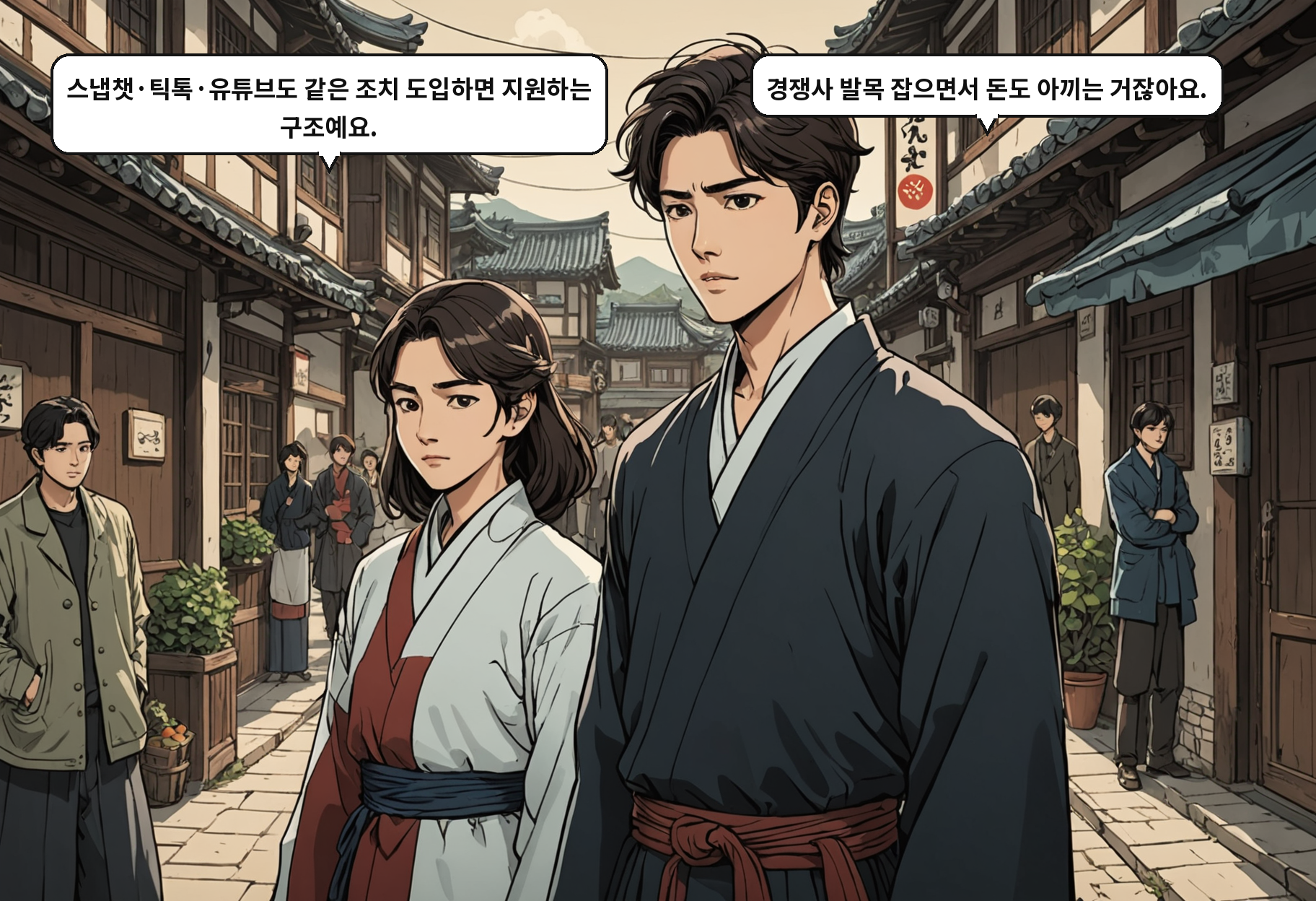 B: 스냅챗·틱톡·유튜브도 같은 조치 도입하면 지원하는 구조예요. A: 경쟁사 발목 잡으면서 돈도 아끼는 거잖아요.