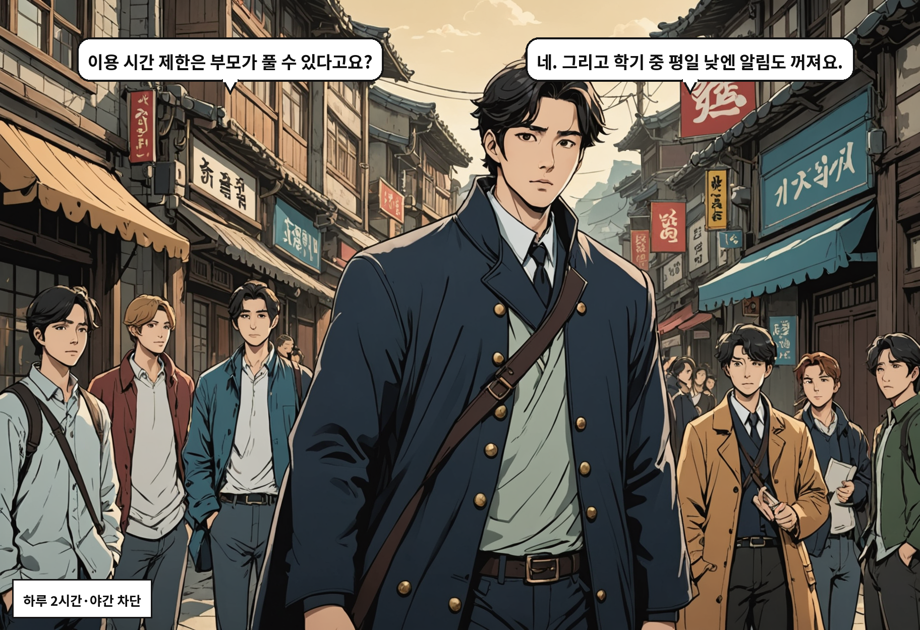 A: 이용 시간 제한은 부모가 풀 수 있다고요? B: 네. 그리고 학기 중 평일 낮엔 알림도 꺼져요.